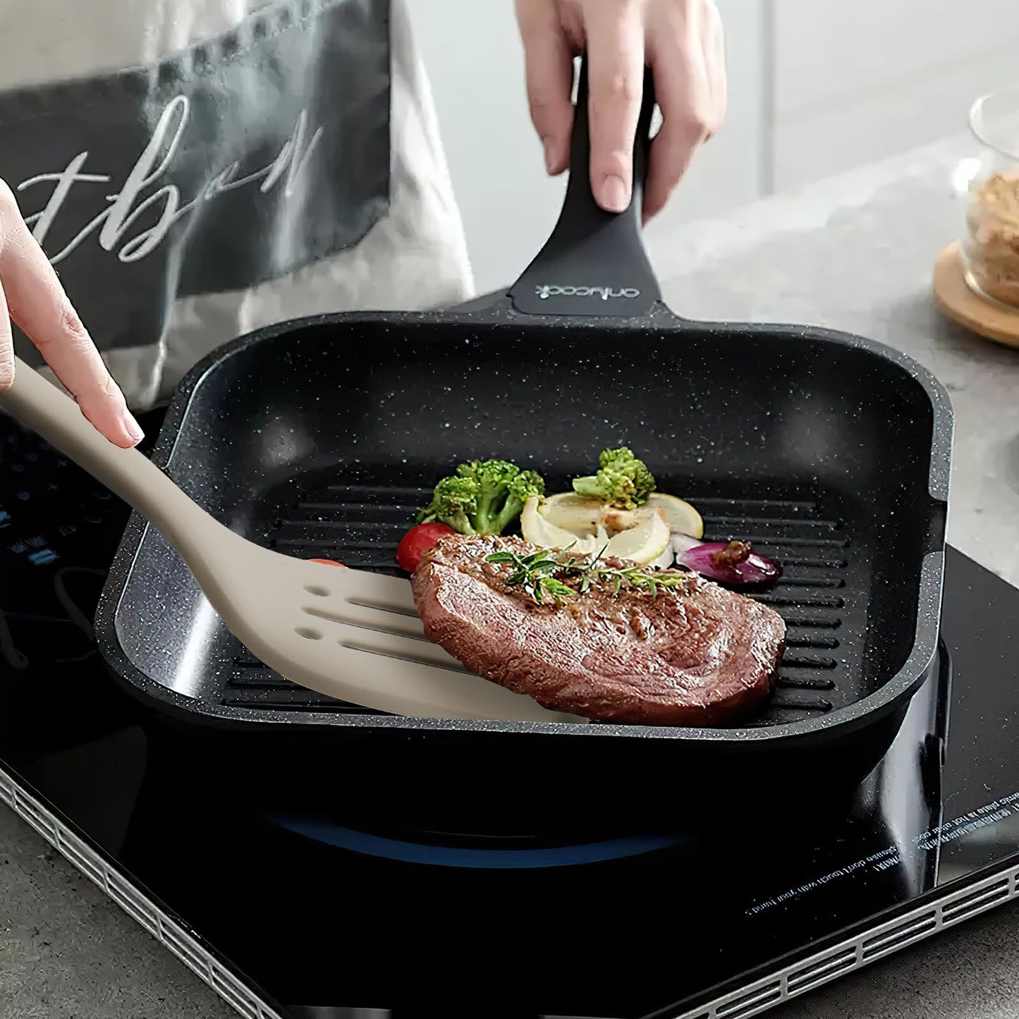 Silicone Kitchen Cooking Utensils Set: MOACC Heat Resistant 13inch Long Kitchen Gadgets, BPA Free Non Stick Rubber Cook Accessories For Food Prep, Frying, Serving, Basting (Light Grey)