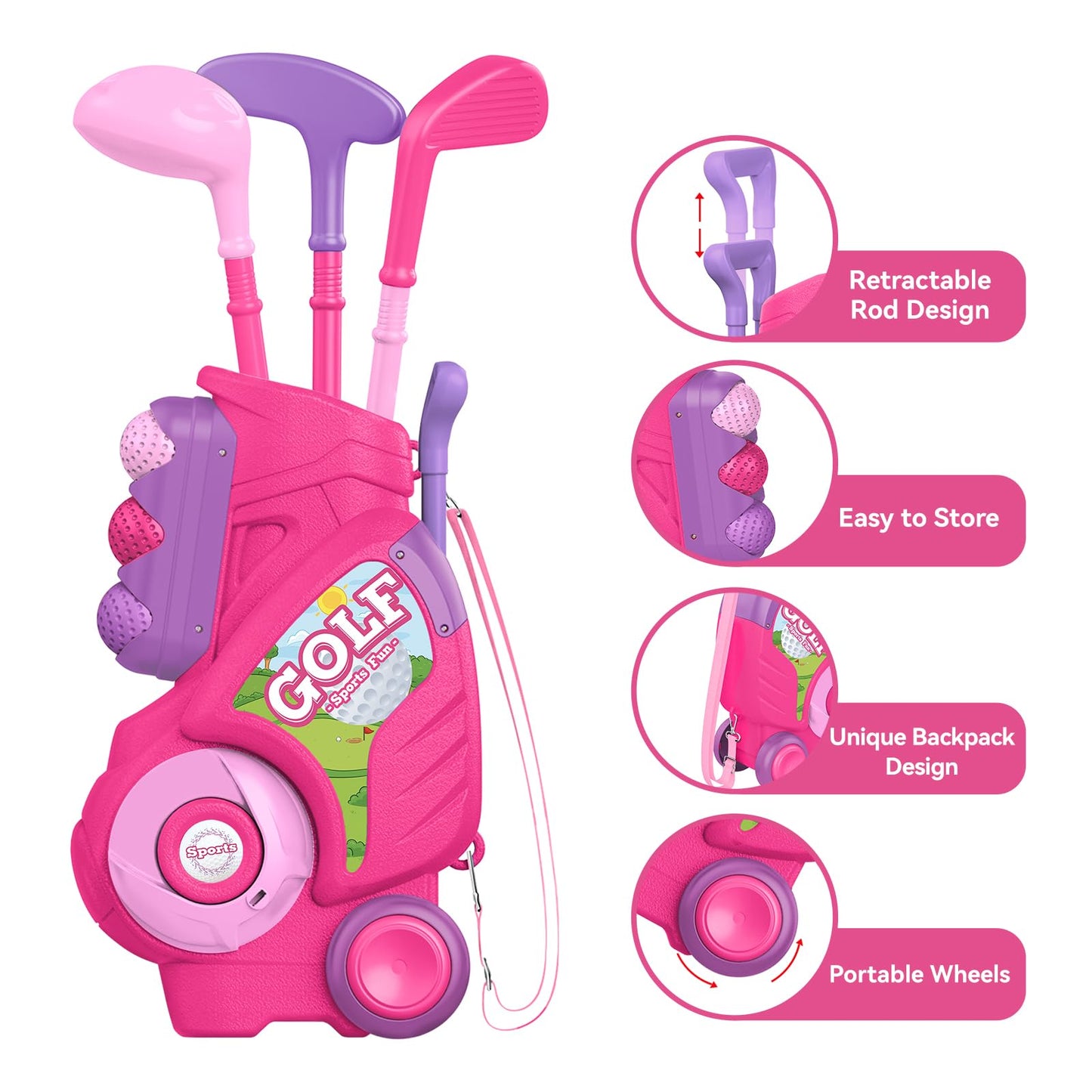 Liberry Toddler Golf Set for 2 3 4 Years Old Girls Boys, Upgraded Kids Golf Cart with Golf Cornhole Board & Putting Mat, Indoor and Outdoor Golf Toys Birthday Gift, Pink