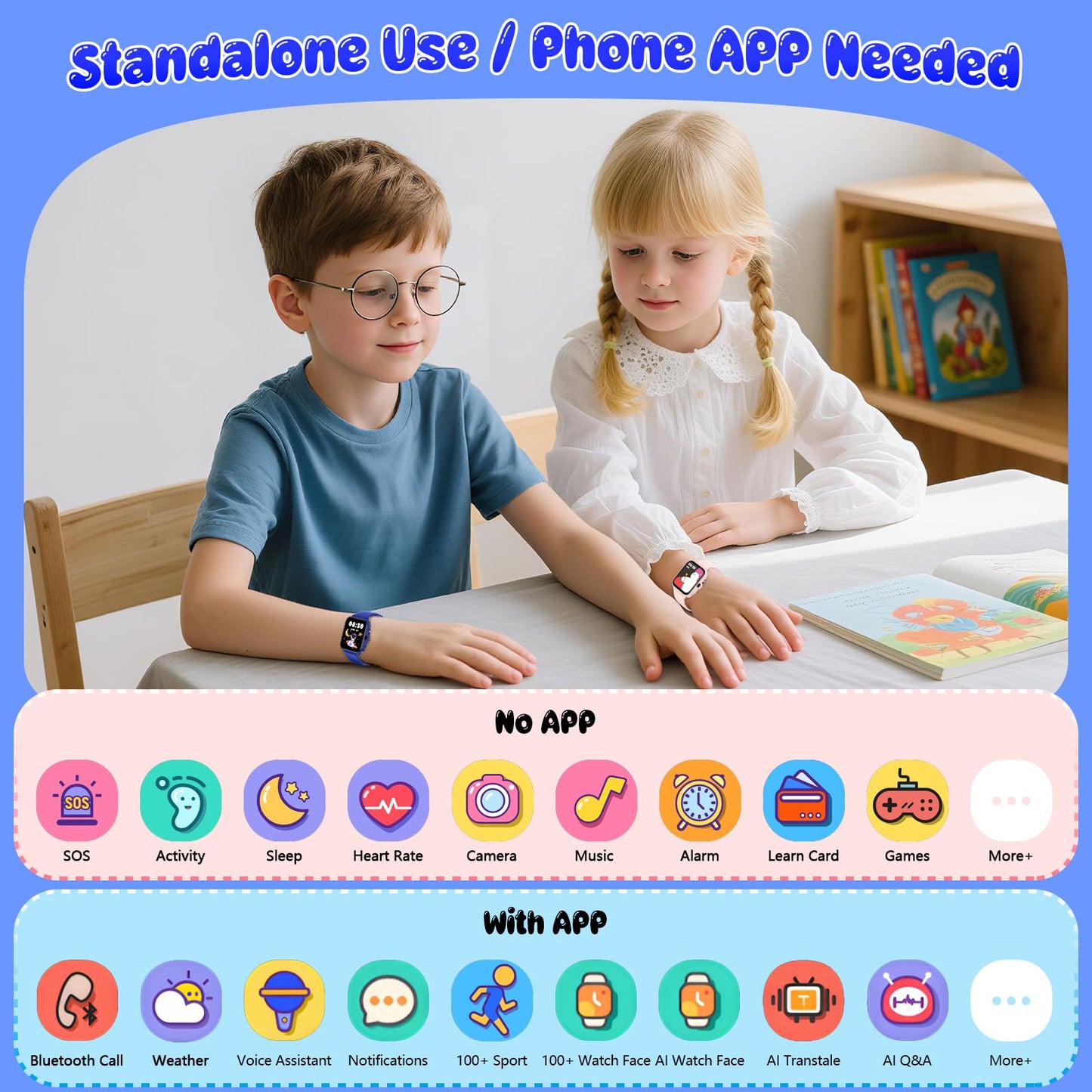 Kids Watch, 1.85" Fitness Tracker Pedometer, Heart Rate, Sleep Monitor, NO APP/Phone, Alarm Clock, Smartwatches with Video Music, IP68 Waterproof, Puzzle Games, Gift for Boy Girl, Smart Watch for Kid