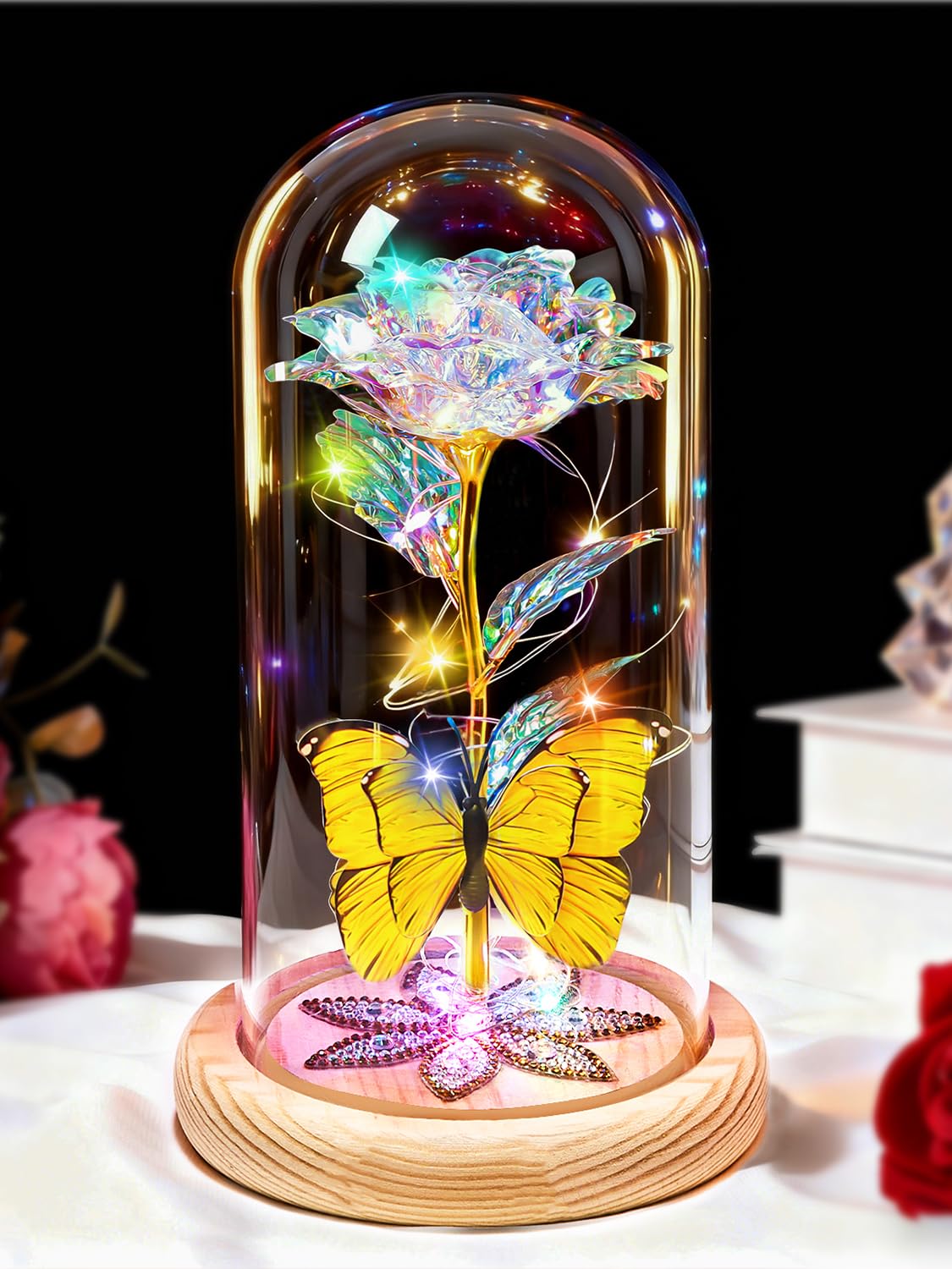 Beferr Birthday Gifts for Women Galaxy Glass Rose Forever Preserved Flowers for Delivery Light Up Rose in Glass Dome Mothers Day Butterfly Gifts for Mom Wife Grandma Her Daughter Girlfriend