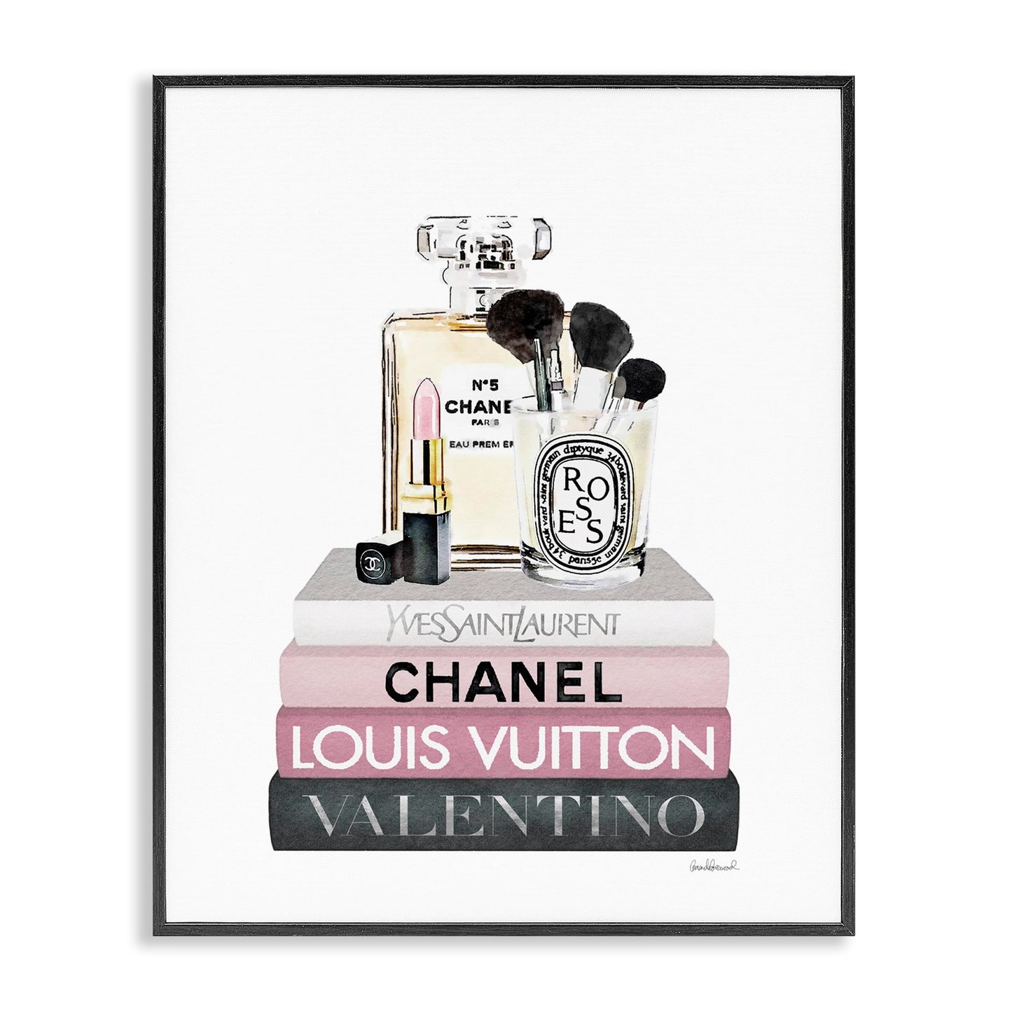 Stupell Industries 'Cosmetics on Pink Books', Framed Giclee Art, Black, 11 x 14 Inches, Easy to Hang and Sturdy, Made in USA, by Amanda Greenwood