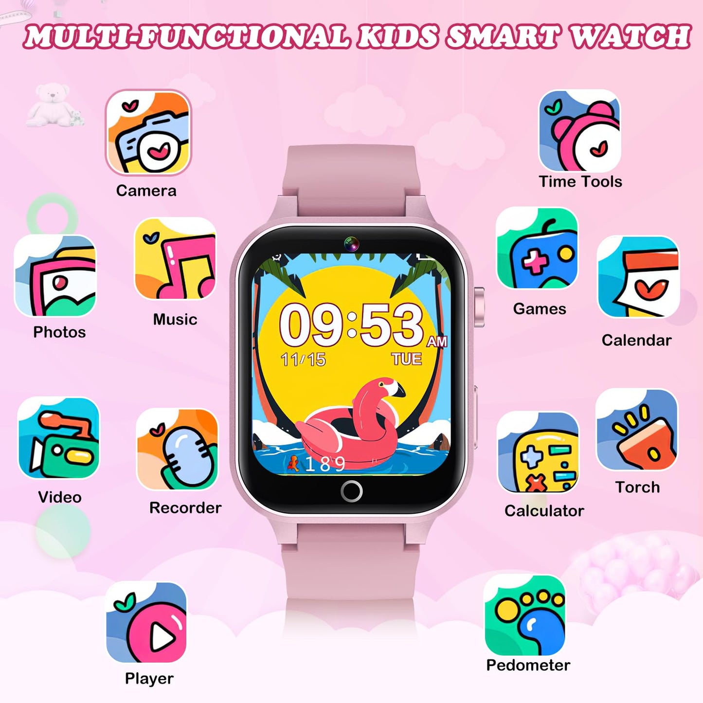 ST-CARE Kids Smart Watch with Camera, Video, Music Player, Alarm Clock, Stopwatch, Calendar, Pedometer, 1.54'' HD Touchscreen, Shockproof, IP68 Waterproof for Girls Boys 6-12 Years Old (Pink)