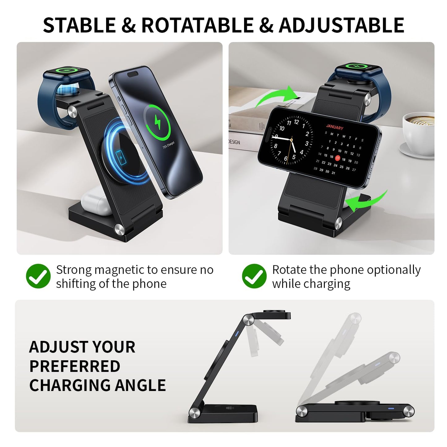 RYND 2026 Traveling Wireless Mag-Safe Fast Charging Station,Magnetic 3 in 1 Charger with Light for iPhone 16 15 14 13 12 Pro Max Plus,Apple Watch Series & Air pods 4 3 2 Pro-Gifts for Wife & Husband
