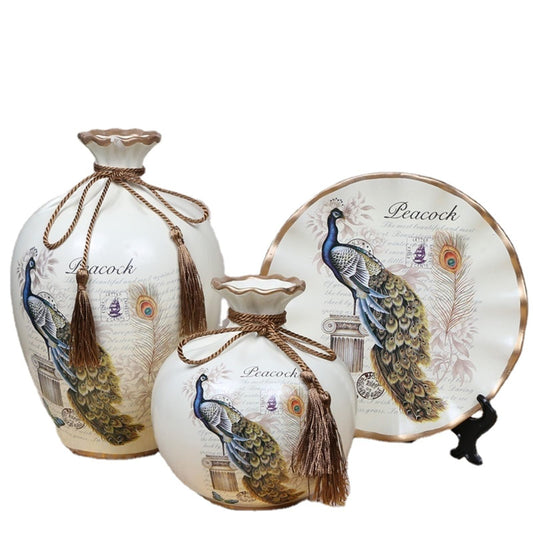 YunPenger Peacock Ceramic Vase Set of 3 (9.8" Tall) - American Country Vintage Rustic Farmhouse Flower Arrangement Ornament, Versatile Home Decor for Living Room, Bedroom, Entryway, Bookshelf