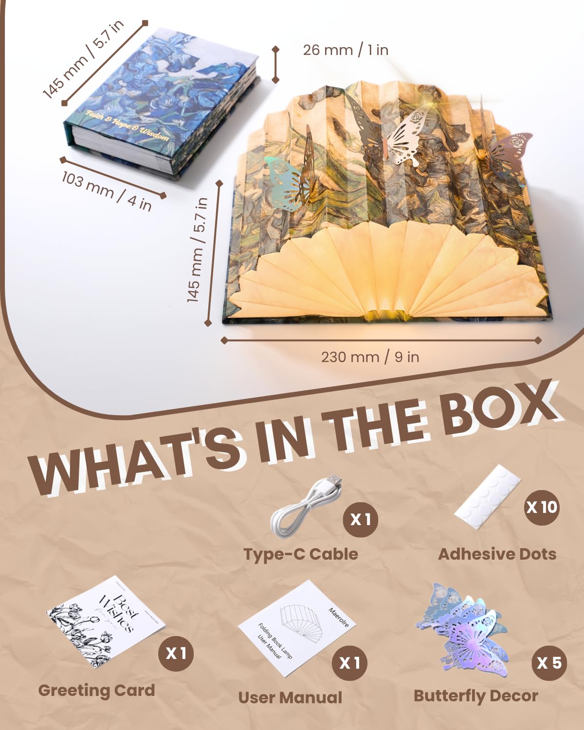 Maerolre Book Shaped Light, Mothers Day Gifts BookLamp for Book Lovers Gifts,Van Gogh Iris Design Foldable Lamp Perfect for Bedside Night Light, Bookshelf Decor, Home Desk, Ideal Gifts for Birthday
