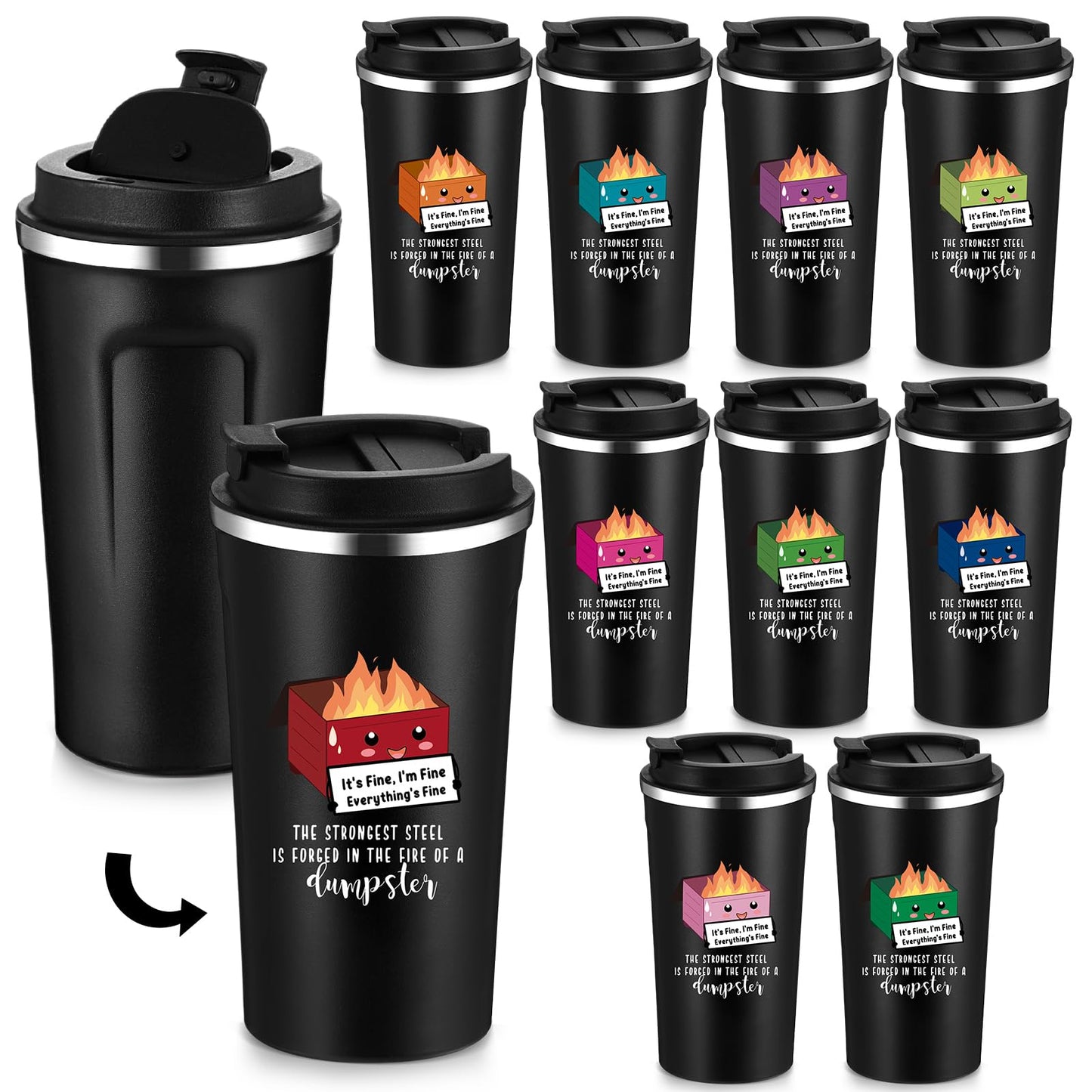 Skylety 10 Pcs Dumpster Fire Funny Tumbler 17oz Employee Appreciation Gift for Coworker Teacher Dispatcher Nurse Desk Accessories, Positive Everything Is Fine Mug Bulk Graduation Gift (Multicolor)