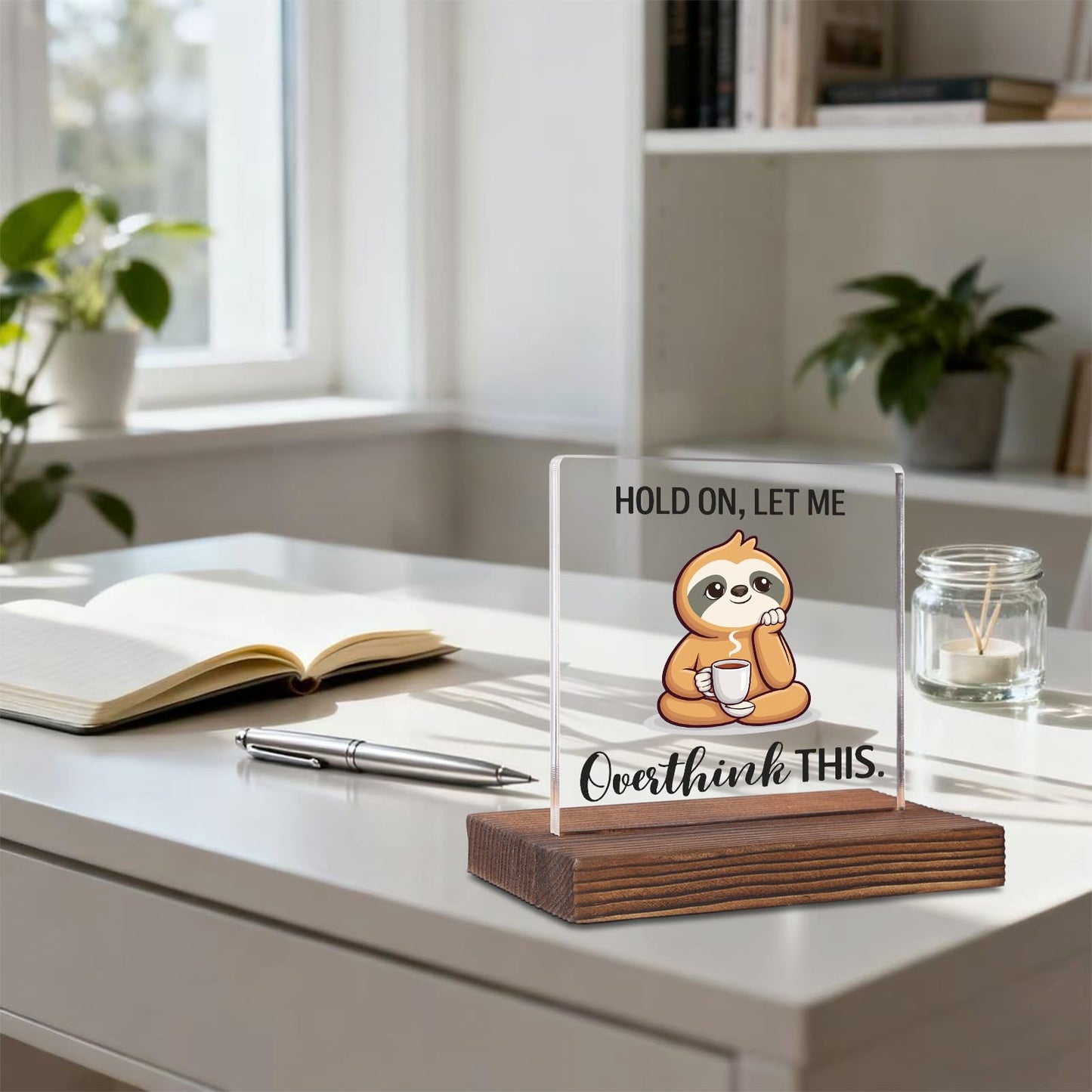 Funny Office Desk Sign Overthinking Humor, Sloth Cartoon Coworker Joke Gift, Work Stress Humor Sign for Colleagues Friends, Home Office Desk Decor Plaque Gifts VR366