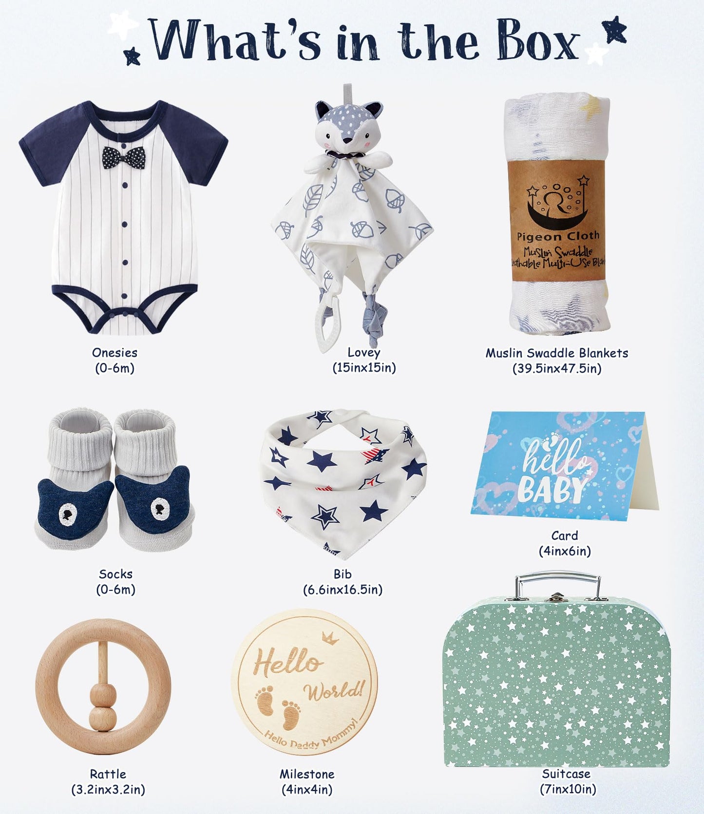 Golray Baby Boy Gifts for Baby Shower, 9pcs Newborn Essential with Fox Lovey/Blanket/Onesie/Wooden Rattle/Socks/Bib/Suitcase, Welcome Baby Gift Box Gender Reveal Infant Boy Gift Basket Set 0-6 Month
