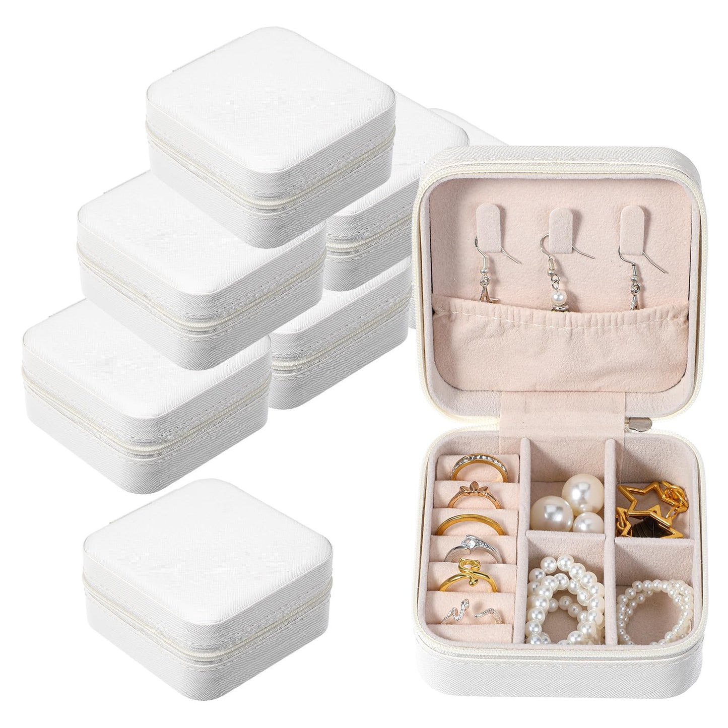 Kifmurase 8PCS Travel Jewelry Case, Small Portable Bridesmaid Jewelry Gift Box, PU Leather Jewelrys Case Organizer Storage for Rings Earrings Necklaces, Women Girls Bridesmaid Proposal Gifts(Beige)