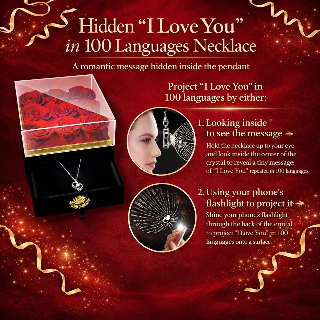 Eterno Bel Fiore Luxury Preserved Roses - I Love You Necklace - Velvet Box with Drawer - Luxury Gift for Valentines Day Birthdays Mother's Day Anniversaries - Wife Mom Girlfriend Sister