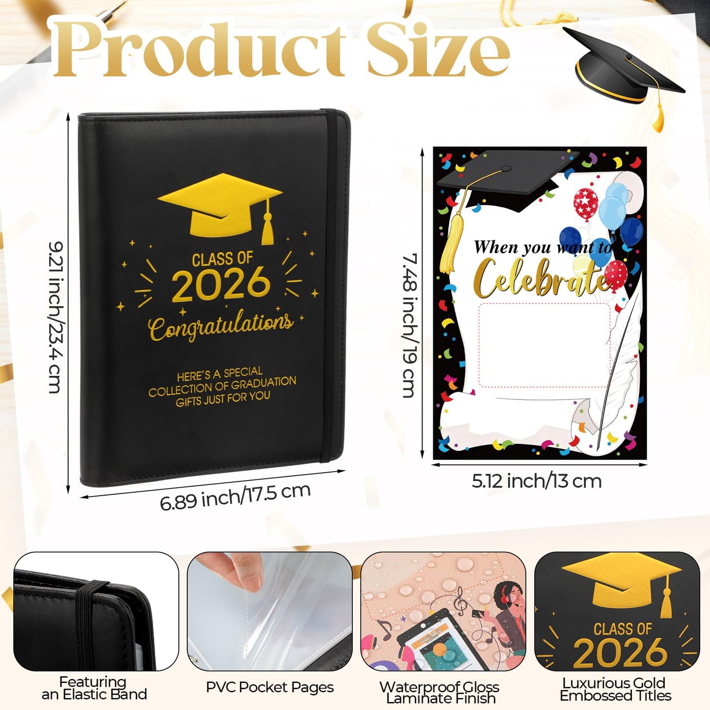 Funrous College Gift Card Book 7 x 5 Inch, Class of 2026 Graduation Gift Card Holder Book for Her/Him, First Year of College Survival Kit, 25 Cards Booklet for Graduates, Black Gold