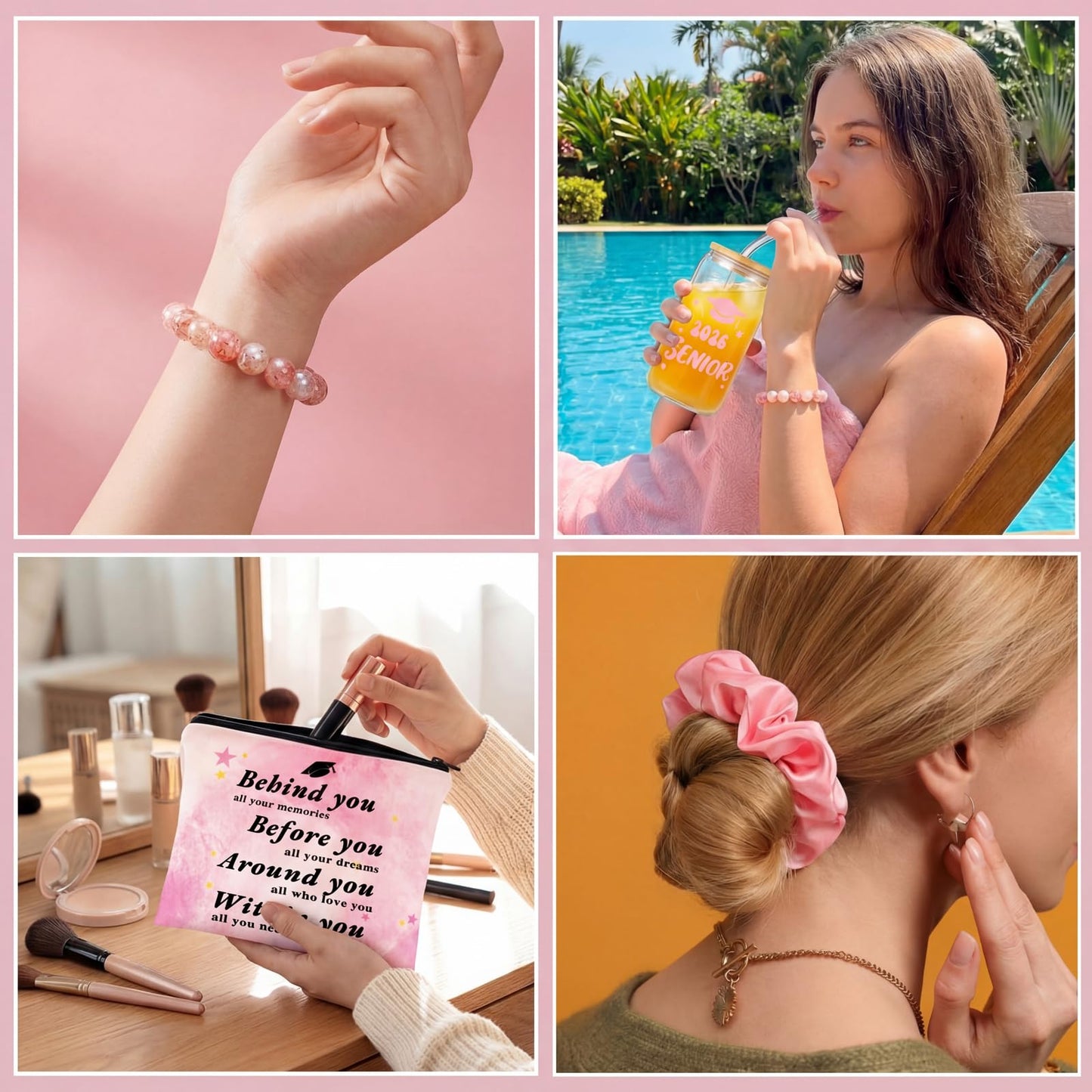 Remerry 9 Pcs 2026 Senior Graduation Gifts Set Pink Graduation Gift Basket Glass Cup Keychain Cosmetic Bag Bracelet Scented Candle with Box for College High School for Women Daughter Sister Friend