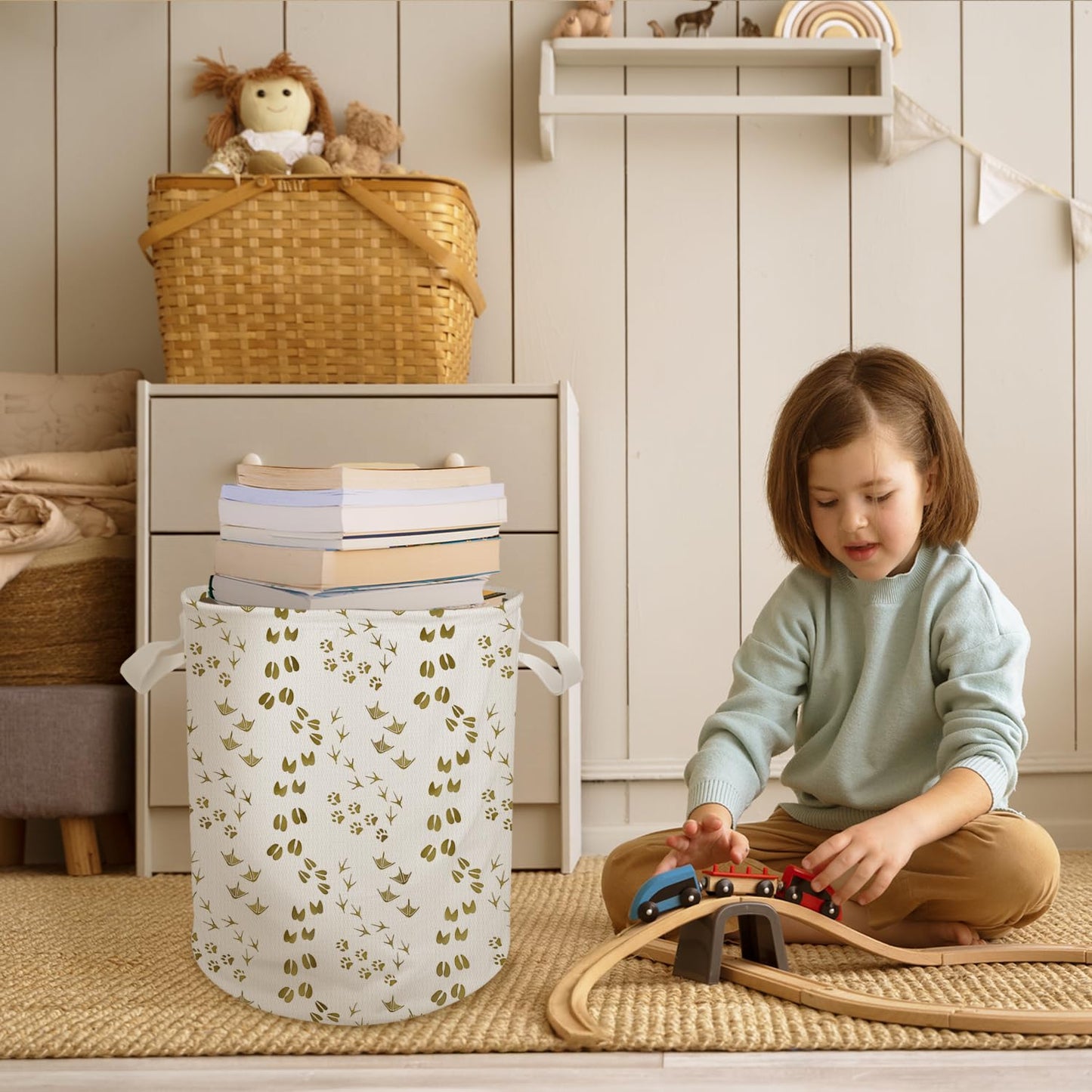 Cilrii Animal Footprints Nursery Laundry Basket, Forest Animal Track Laundry Basket Hamper Waterproof Collapsible Clothes Toys Storage Bin for Bedroom Bathroom Kids Room, Toybox for Boys Girls