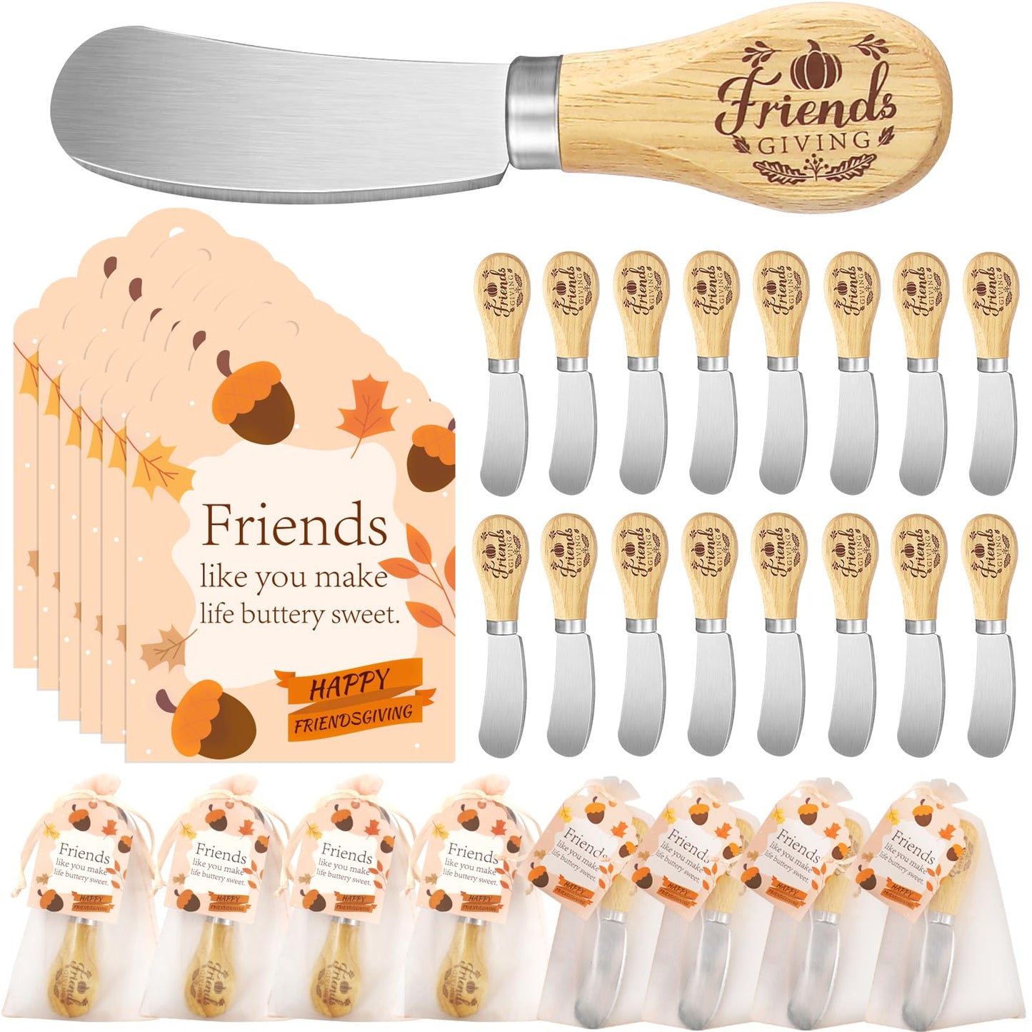 ERTIUANIO 20 Sets Friendsgiving Party Favors Bulk, Thanksgiving Fall Gifts for Friends, Stainless Steel Butter Knife with Wood Handle With Thank You Card Organza Bag, Friendsgiving Party Supplies