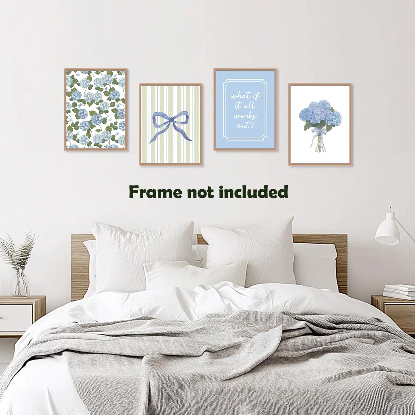 Pleonox Inspirational Coquette Blue Bow Hydrangea Floral Wall Art Prints 12x16 Inch Set of 4, Motivational Sage Green Striped Pictures Wall Decor for Girly Bedroom Room Dorm Apartment, Unframed