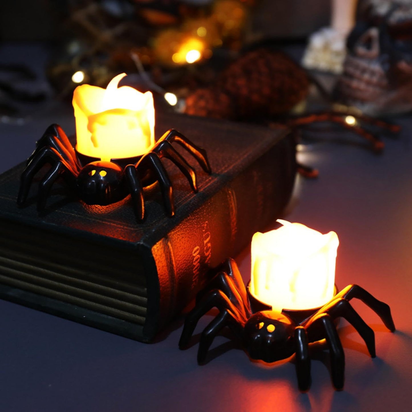 YBB 6 Pcs Halloween Spider Tea Lights, Novelty LED Flameless Spider Candle Holder Battery Operated Orange Tea Lamps for Halloween Party Table Home Spooky Decor