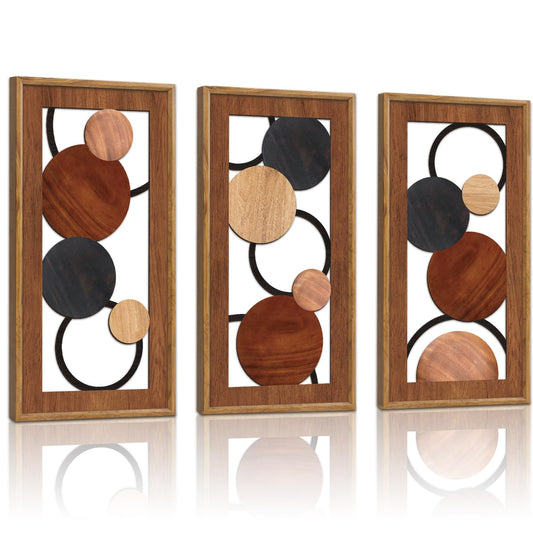 KAIRNE Boho Abstract Wooden Wall Art,3 Pieces Vintage Modern Wall Sculptures,Rustic Farmhouse Framed Hanging Decor,Minimalist Mid Century Wall Decor for Living Room Bedroom Kitchen Office,8X16 inch