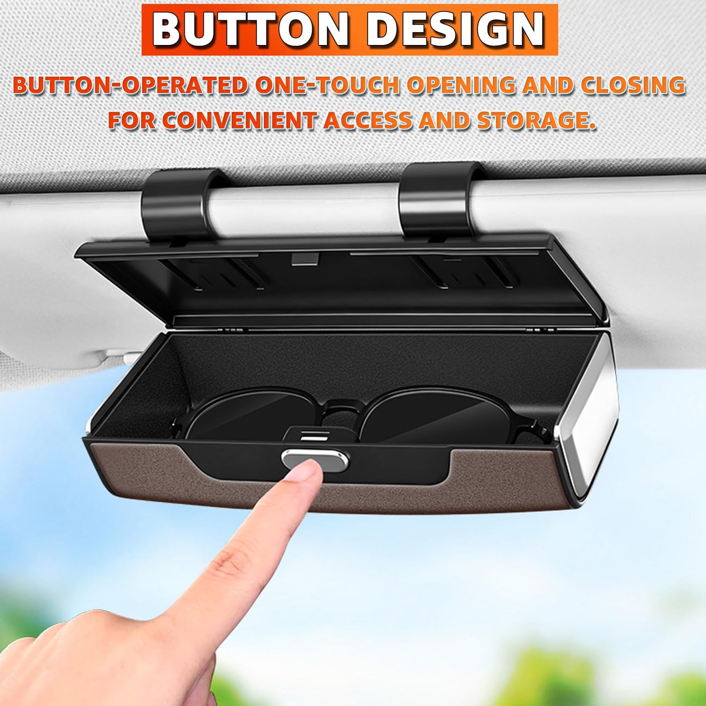 HOLDCY Car Sunglasses Holder for Sun Visor, Button Leather Eyeglass Hanger and Interior Storage Box, One‑Hand Access, Universal Fit Car Glasses Case Organizer for Car/Truck/SUV Drivers (Brown)