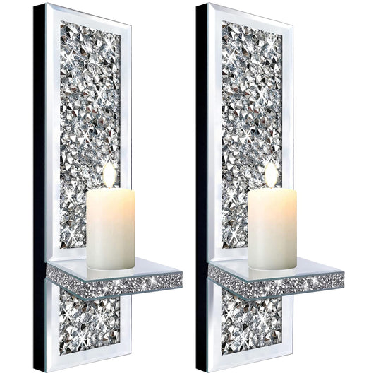 ZOLAPI Set of 2 Crystal Crush Diamond Candle Sconces, Gorgeous Silver Mirrored Wall Sconce, Candle Holder Glass Wall Decorations for Home Décor, Living Room, Dining Room.