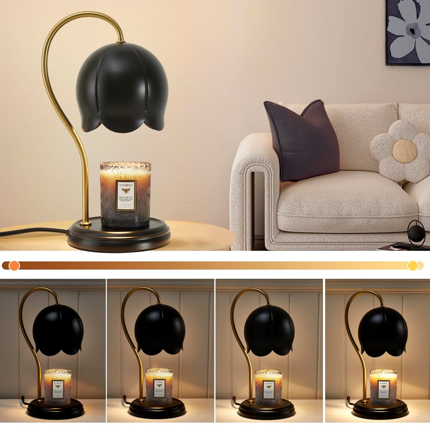 Black Gold Flower Candle Warmer Lamp with Timer Dimmable, Office Decor Elegant Bedroom Scented Wax Light, Christmas Birthday Gifts for Women Man, Large Table Candles Burner