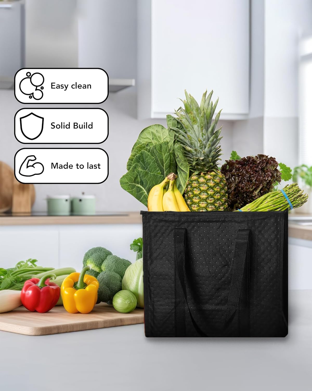 4-Pack Large Reusable Shopping Bags, Insulated Reusable Grocery Bags with Zippered Top - Thermal Bags for Cold and Hot Food, Cooler Grocery Bags Insulated for Groceries, Frozen Food & Food Delivery