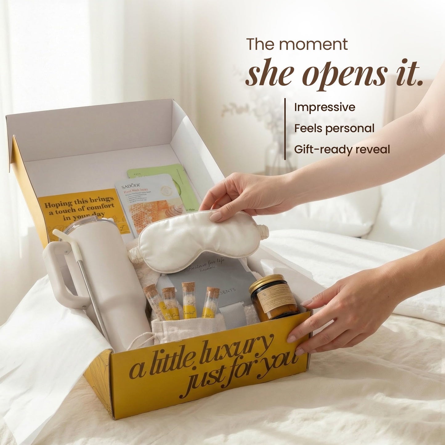 Opulent Luxury Self Care Gifts for Women - Hug in a Box Comfort Care Package - Spa Mothers Day Gift Set with 40 oz Tumbler & Cozy Blanket - Ideal for Thinking of You, Birthday, Sympathy & Corporate