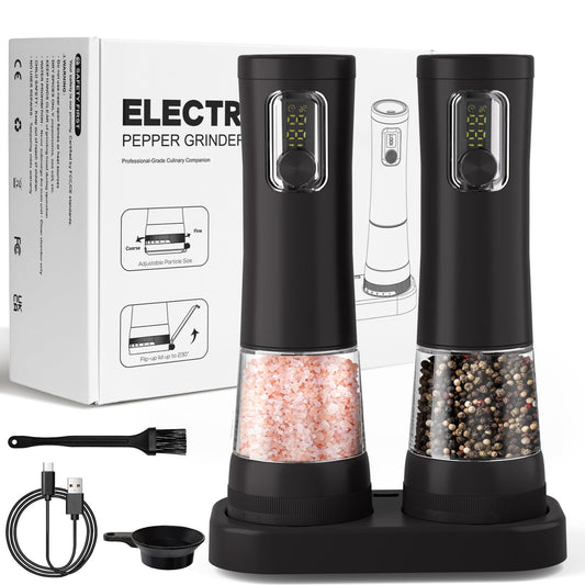 Electric Salt and Pepper Grinder Set-2 Pack Rechargeable Automatic Pepper Mill with Base,5-Level Adjustable Coarseness, Display, LED Lighting, Large Capacity-Ideal for Kitchen, BBQ Gifts (2, Black)