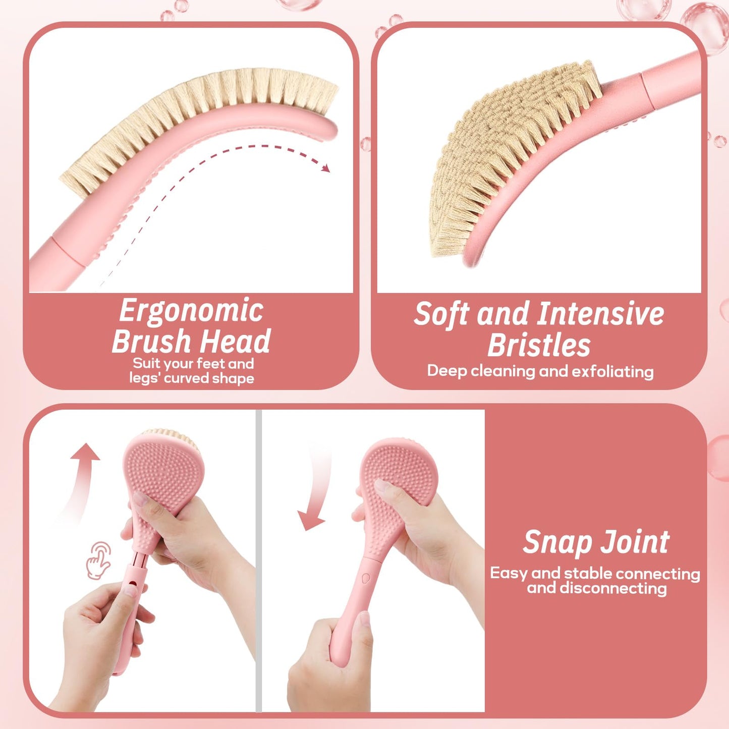 GEENOA Foot Brush/Foot File/Silicone Body Scrubber Set(3PCS), 3-in-1 Foot Scrubber with Long Handle, 10.2’’-27.5’’Adjustable Foot Scrub Brush with Foot File and Silicone Loofah, Gift-Box(Pink Set)
