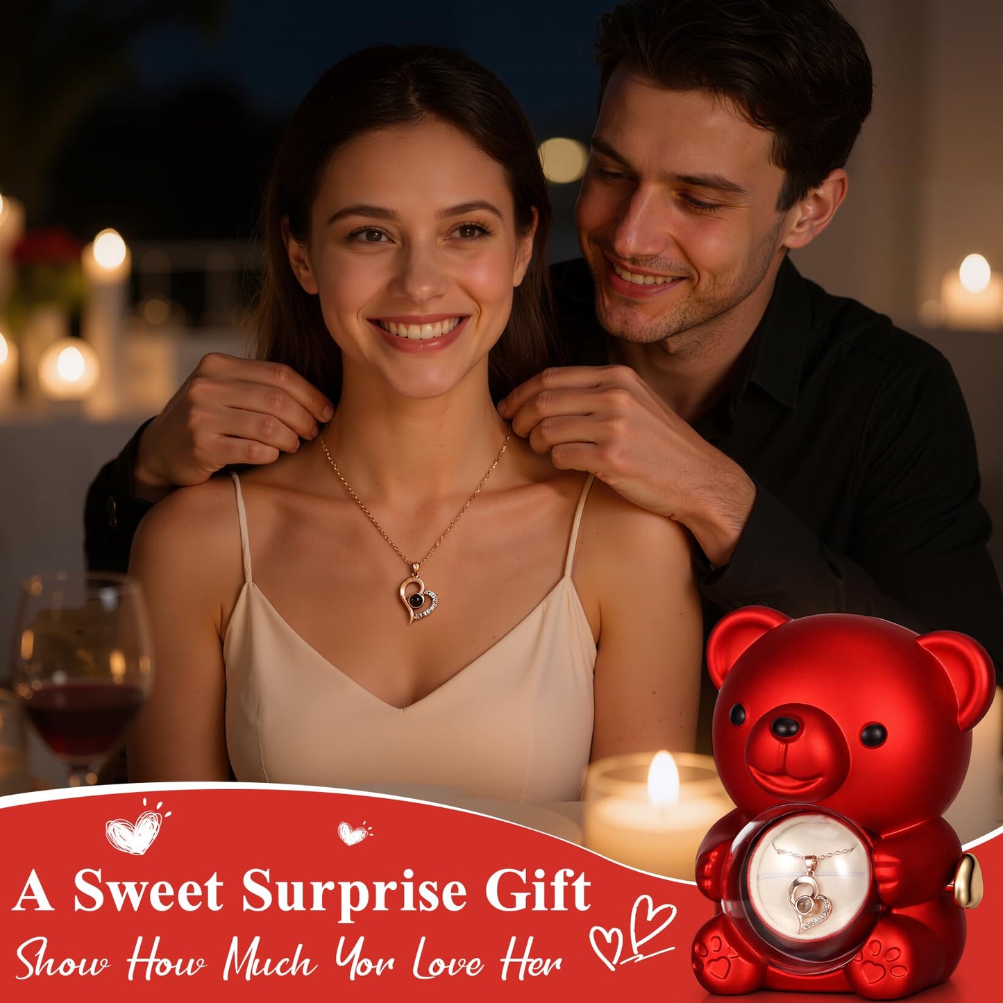 Hangerspace Cute Teddy Bear with Preserved Rose, Hidden Surprise Necklace Rotating Gift Box for Her, Romantic Eternal Rose Flowers for Valentine’s Day, Mother’s Day, Christmas, Birthday, Anniversary