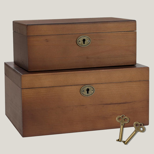 SUJUN Wooden Keepsake Box with Hinged Lid, 2 Pack Vintage Lockable Storage Chest for Jewelry Letters & Memories, Decorative Wood Boxes with Antique Brass Lock, Walnut Finish Home Décor Gift