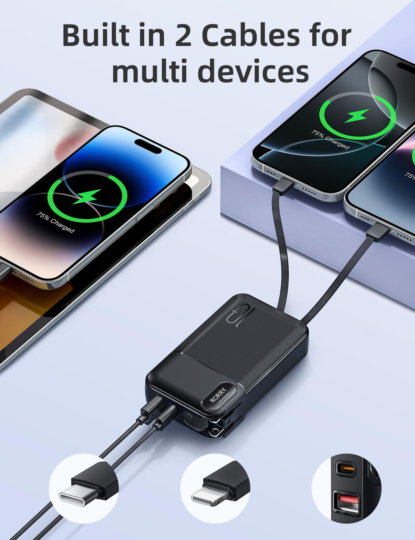 RORRY Portable Charger Built in Cables, AC Wall Plug In Portable Charger Power Bank 10000mAh Travel Battery Pack 22.5W Fast Charging for iPhone 17/16/15 Samsung Galaxy S25/S24/S23 Pixel LG iPad, Black