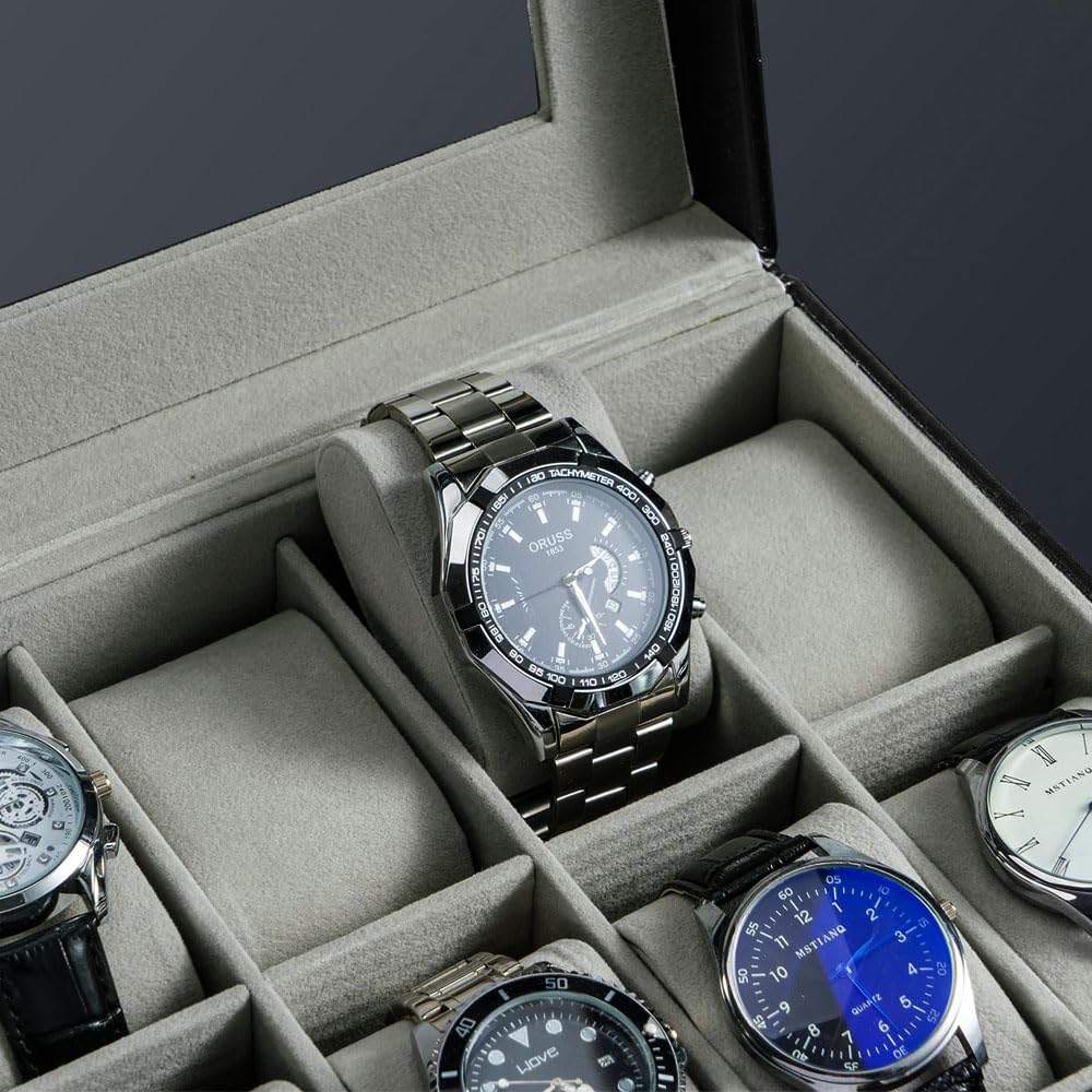 J&T Technology 20-Slot Watch Box for Men,2 Layers Watch Box Organizer,Watch Display Case with Glass Lid,Watch Holder Organizer with Removable Pillows,Gift for Loved Ones(20 Slot)