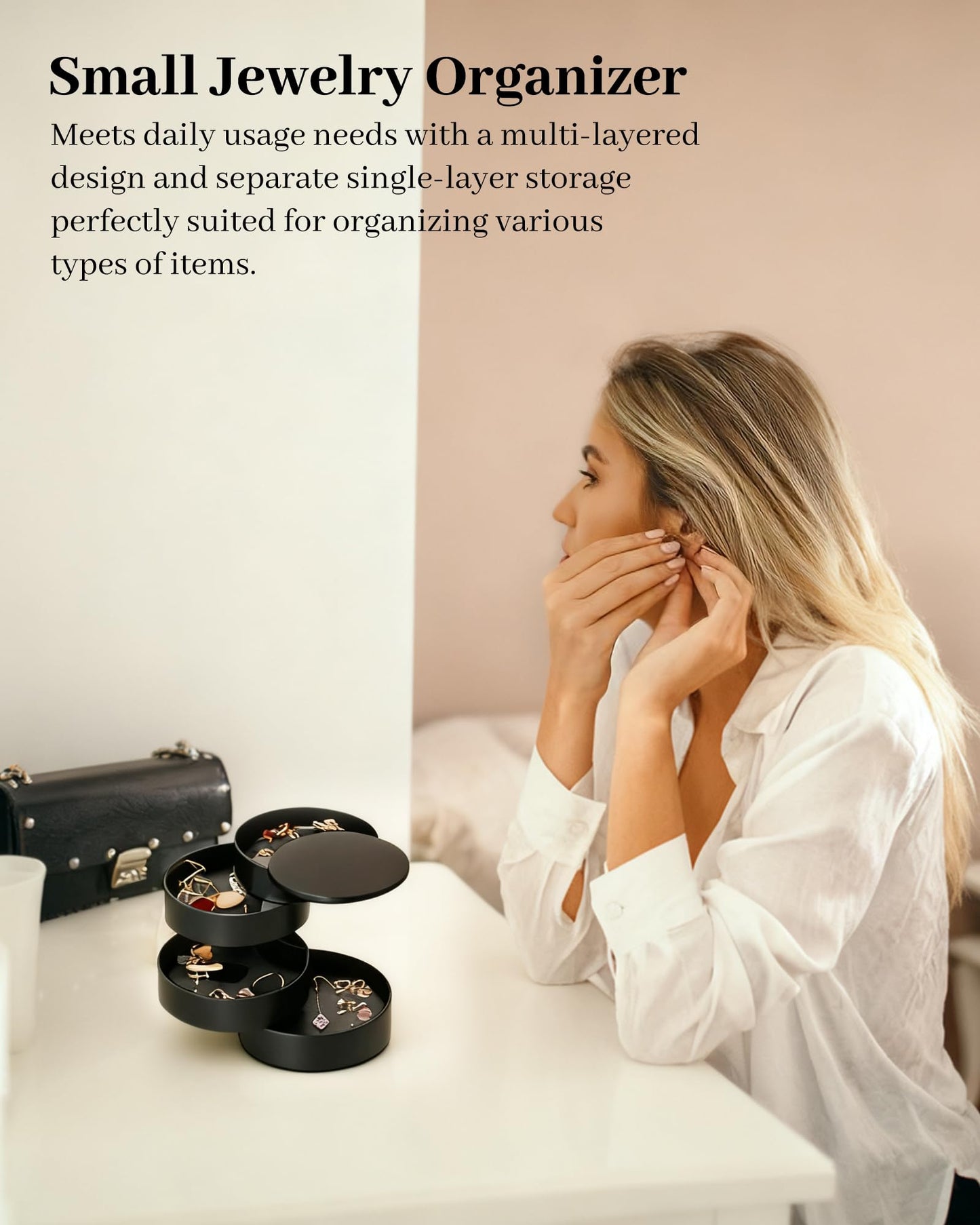 CONBOLA Jewelry Organizer, Small Jewelry Storage Box Earring Holder for Women, 5-Layer Rotating Travel Jewelry Tray Case with Lid for Bracelets Rings Bracelets(Black)
