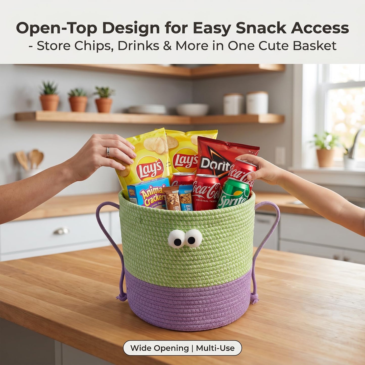 CTESNE Cotton Rope Storage Basket with Lid & Handles, Cute Monster Decor Basket for Nursery, Toys, Diapers, Baby Shower & Easter Gift, 9.8" x 9.8" (Green & Purple)