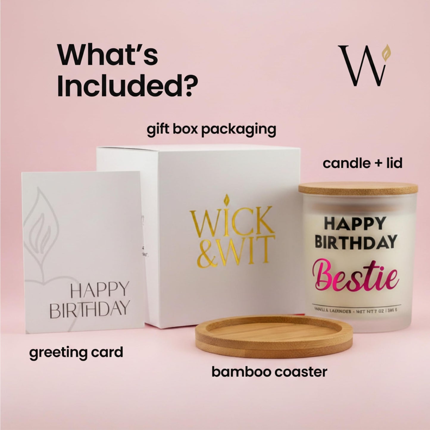 Wick and Wit Bestie Birthday Gifts for Women - Happy Birthday Bestie Gifts for Women Friend Friendship Soy Candle Gift Set for BFF Sister Coworker Vanilla Lavender Candle Ready to Gift Box