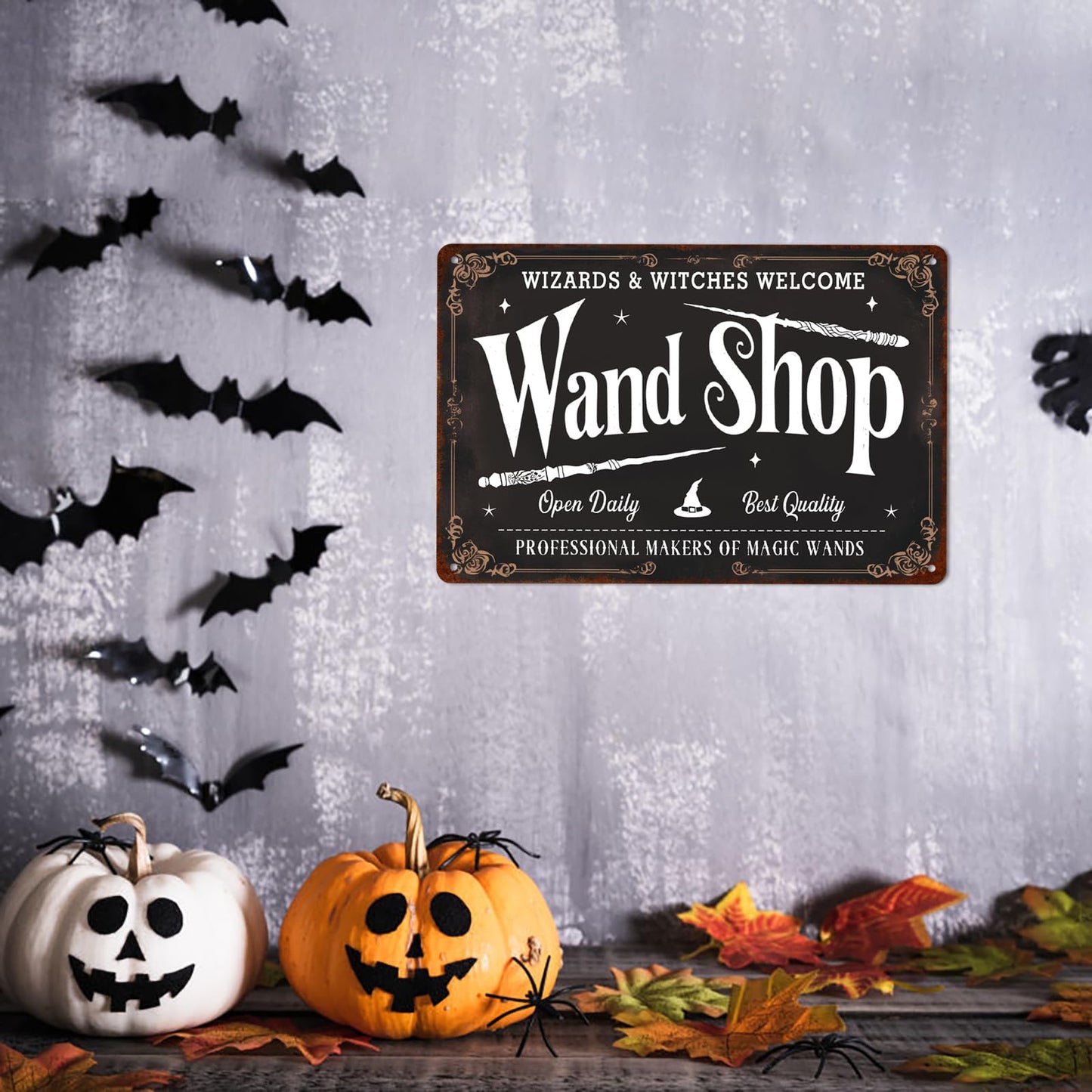 Wand Shop Wizards & Witches Welcome Halloween Metal Tin Sign Wall Art for Farmhouse Home Cafes Haunted House Halloween Holiday Party Decor 8x12 Inch
