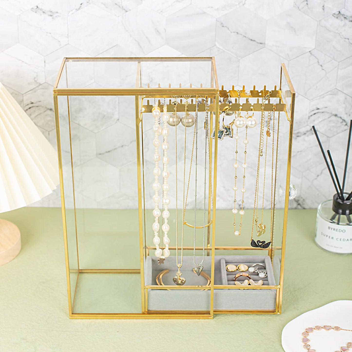 Glass Necklace Organizer Holder, Jewelry Organizer Necklace Holder with Hanging Hooks, Glass Necklaces Display Case for Storage Rings Earrings