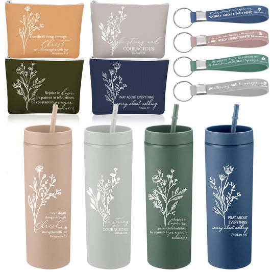 Fumete 4 Set Mothers Day Christian Gifts for Women 16oz Skinny Cup Religious Cosmetic Bag and Bible Verse Keychain Appreciation Church Gifts for Mom Grandma Teacher Dad(Classic Color,Floral)