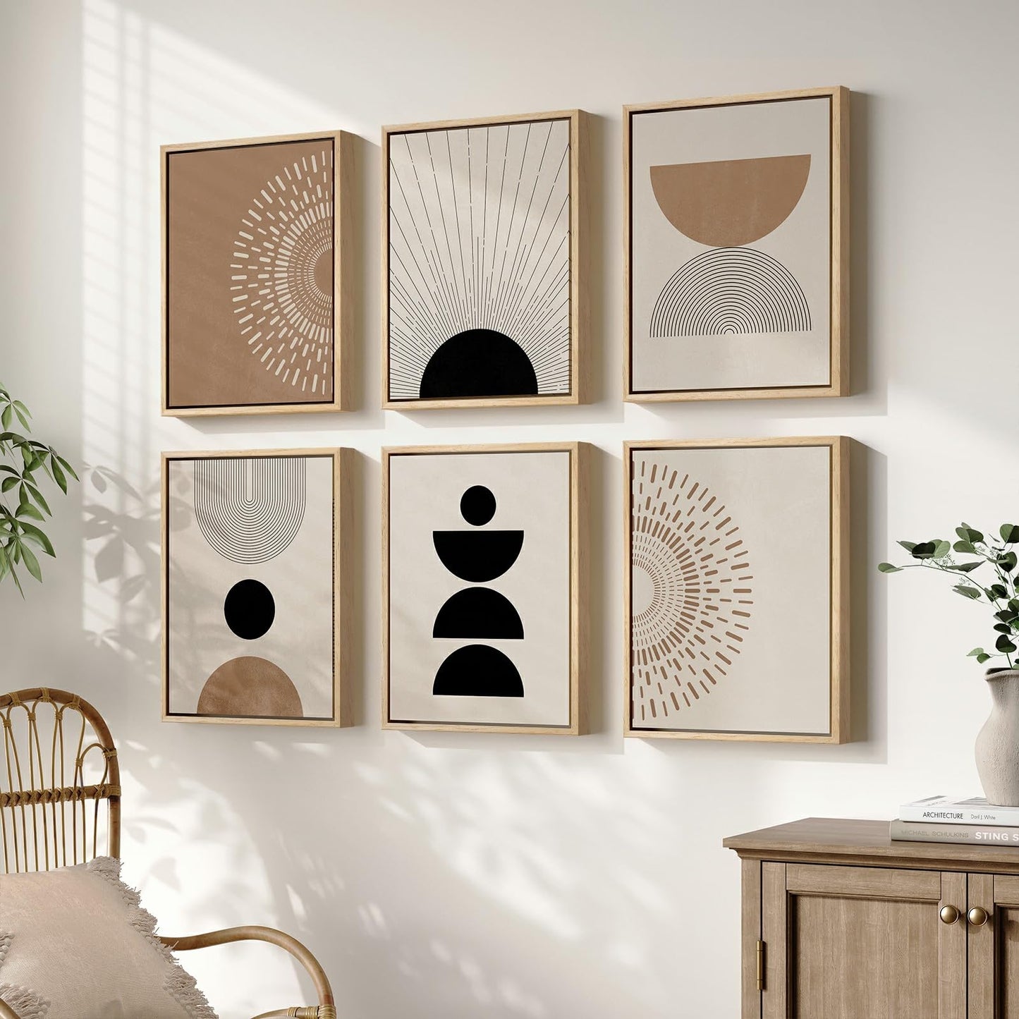 6 Piece Framed Boho Neutral Wall Art Set, Modern Abstract Geometric Canvas Painting Prints, Brown Black and Beige Minimalist Picture Artworks for Living Room Dining Room Bedroom 11x14 Inch