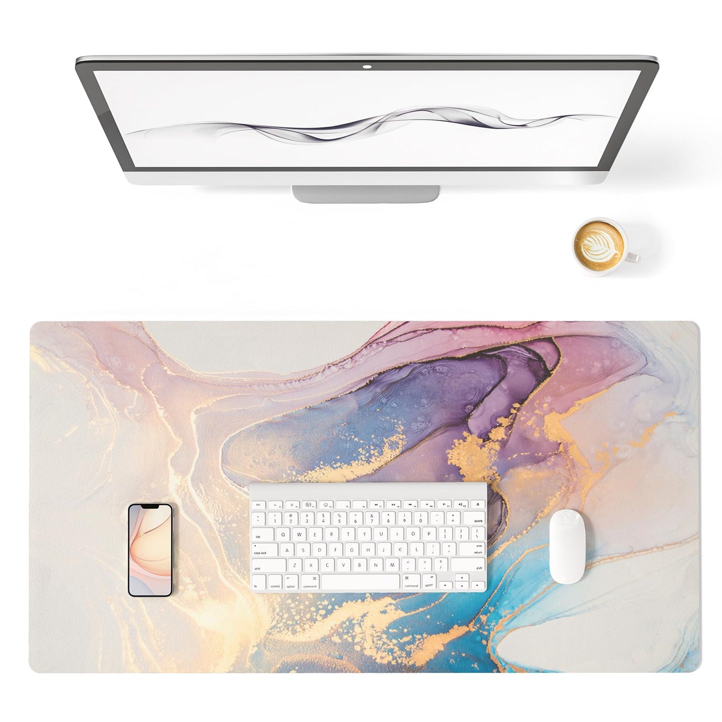 Colorful Star Waterproof Blue Purple Marble Desk Pad, Leather Desk Mat Large Keyboard and Gaming Mouse Pads for Office, Non-Slip Writing Pad Desk Accessories for Women Men 31.5"x15.7"