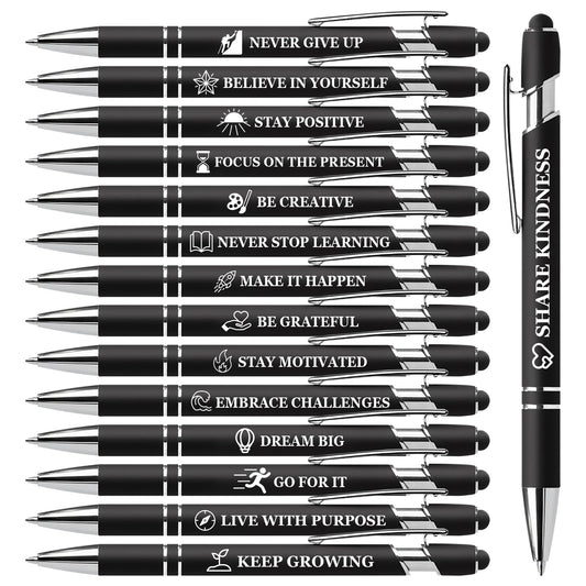 Vebermo 15 Pack Motivational Pen Set - Inspirational Quotes Retractable Ballpoint Pens for Office School Supplies, Encouragement Gifts for Women Men, Black