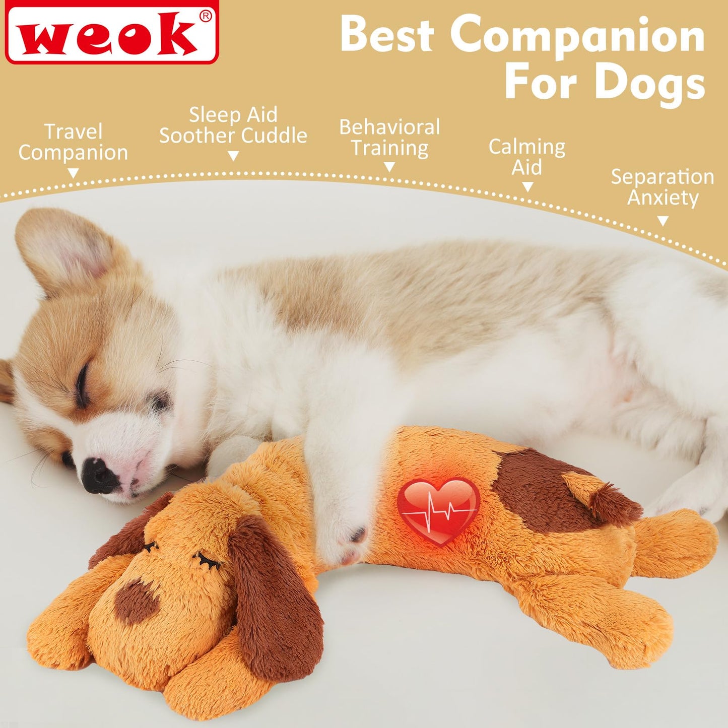 WEOK Heartbeat Puppy Toy, Comfort Cuddler Pillow, Dog Anxiety Relief Calming Aid,Heartbeat Stuffed Toy for Dogs,Puppy Heartbeat Toy Sleep Aid,Dog Heartbeat Toy for Pet