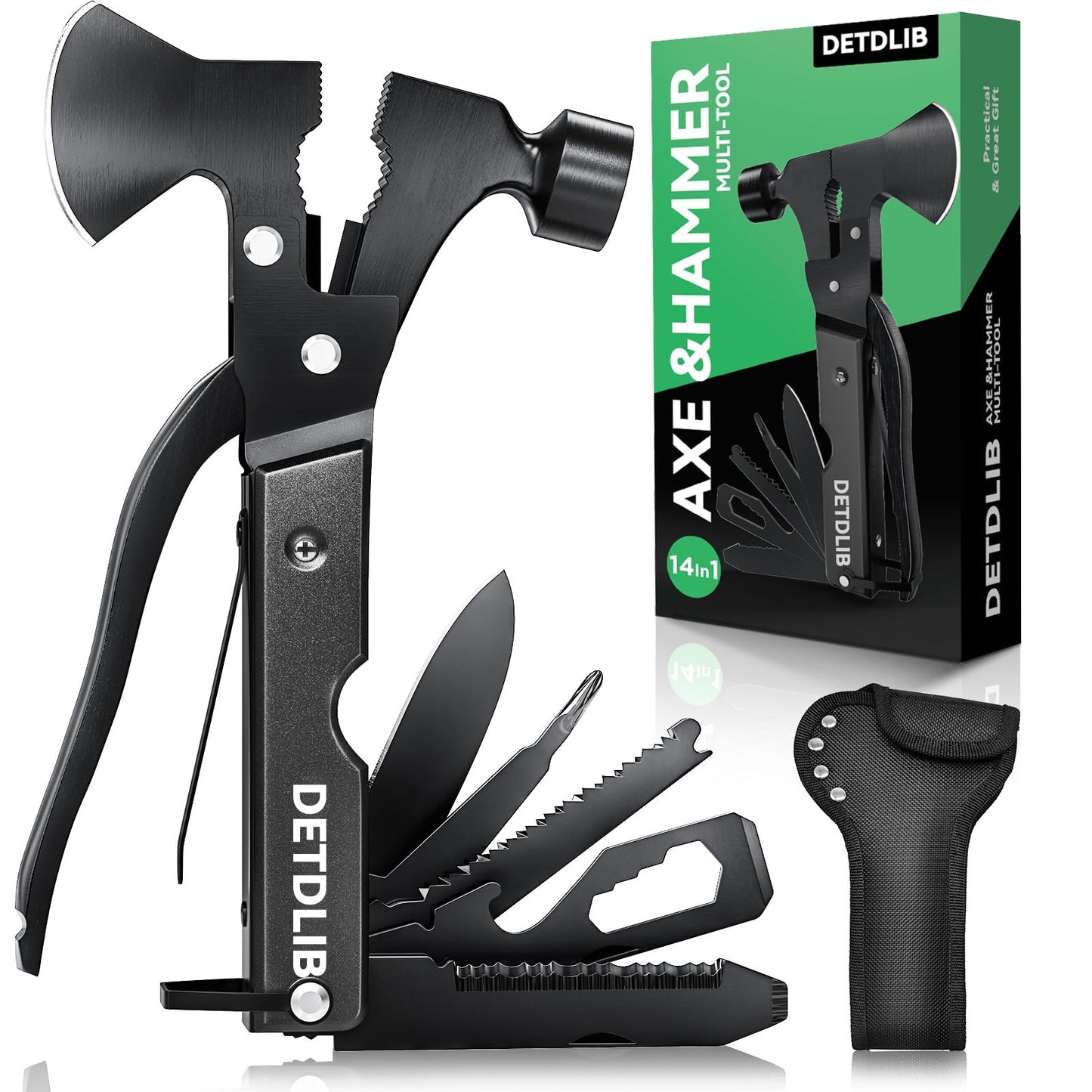 DETDLIB 15-in-1 Multitool Axe Hatchet, Birthday Gifts for Men, Essential for Camping, Hiking, Cool Gadget, Gifts for Men. Women, Dad, Him, Husband, Father, Mechanic, Boyfriend, Black