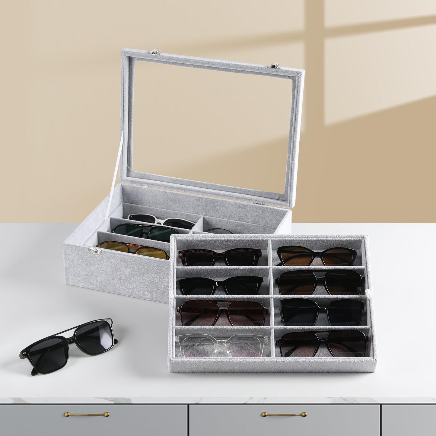 Frebeauty 16 Slots Sunglasses Organizer,2 Layer Velvet Sunglasses Tray with Glass Lid,Multiple Pairs Sunglass Display Case for Man or Woman,13.7 * 10.25 * 4.1 Inches Eyeglass/Eyewear Box (Grey)