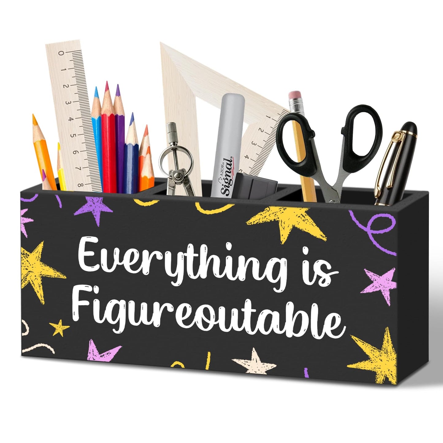 WODMIS Motivational Everything Is Figureoutable Pen Pencil Holder for Desk, Inspirational Gifts for Women Men Wooden Box Organizer Decorations for Home Office Desk Accessories Tabletop