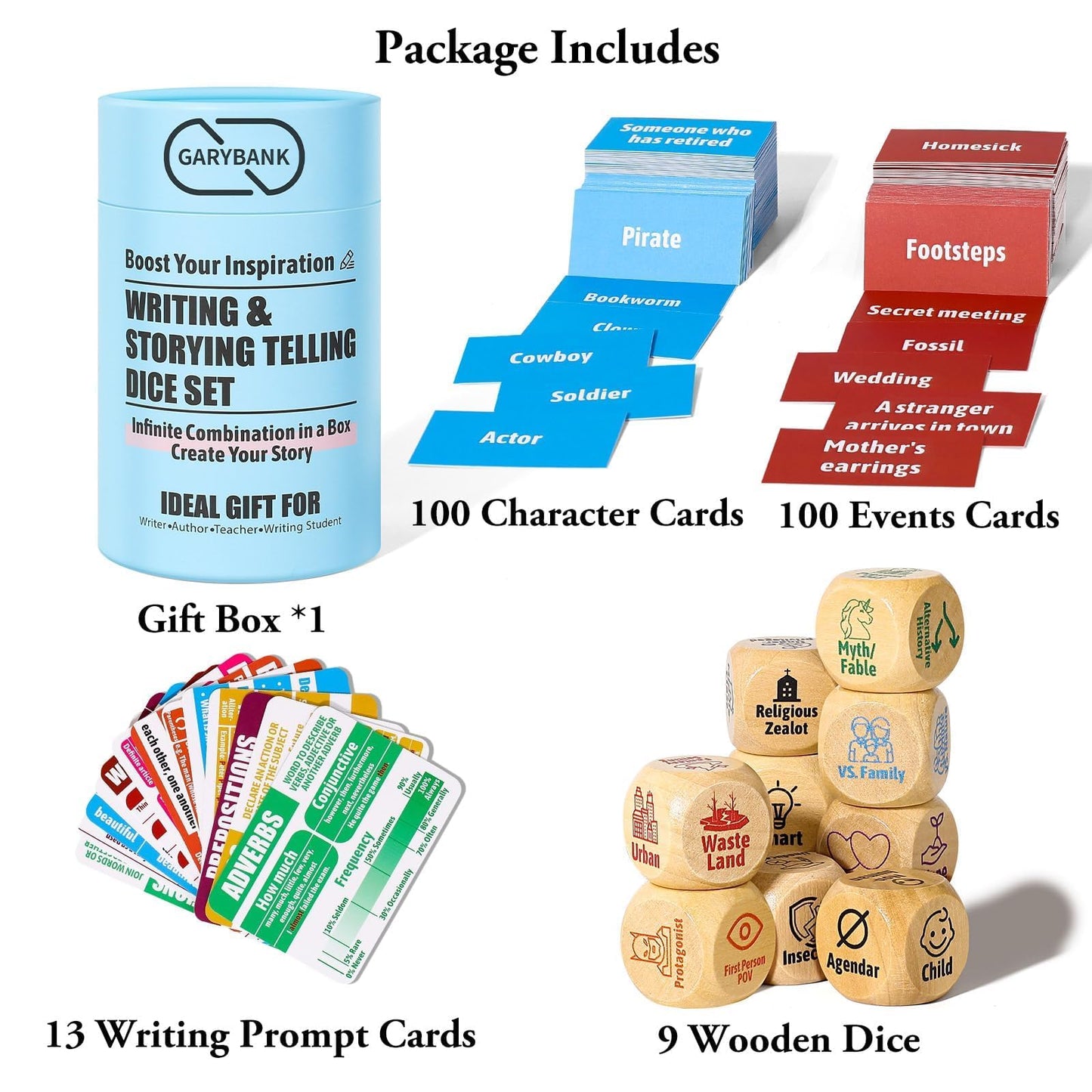 Garybank Inspiration Writing Prompt Dice - W/13 Writing Skill Cards and 200 Character & Event Cards - Storytelling Game for Kids, Writer & Teachers - Creation Set of 9 Story Cubes - Gifts for Writers