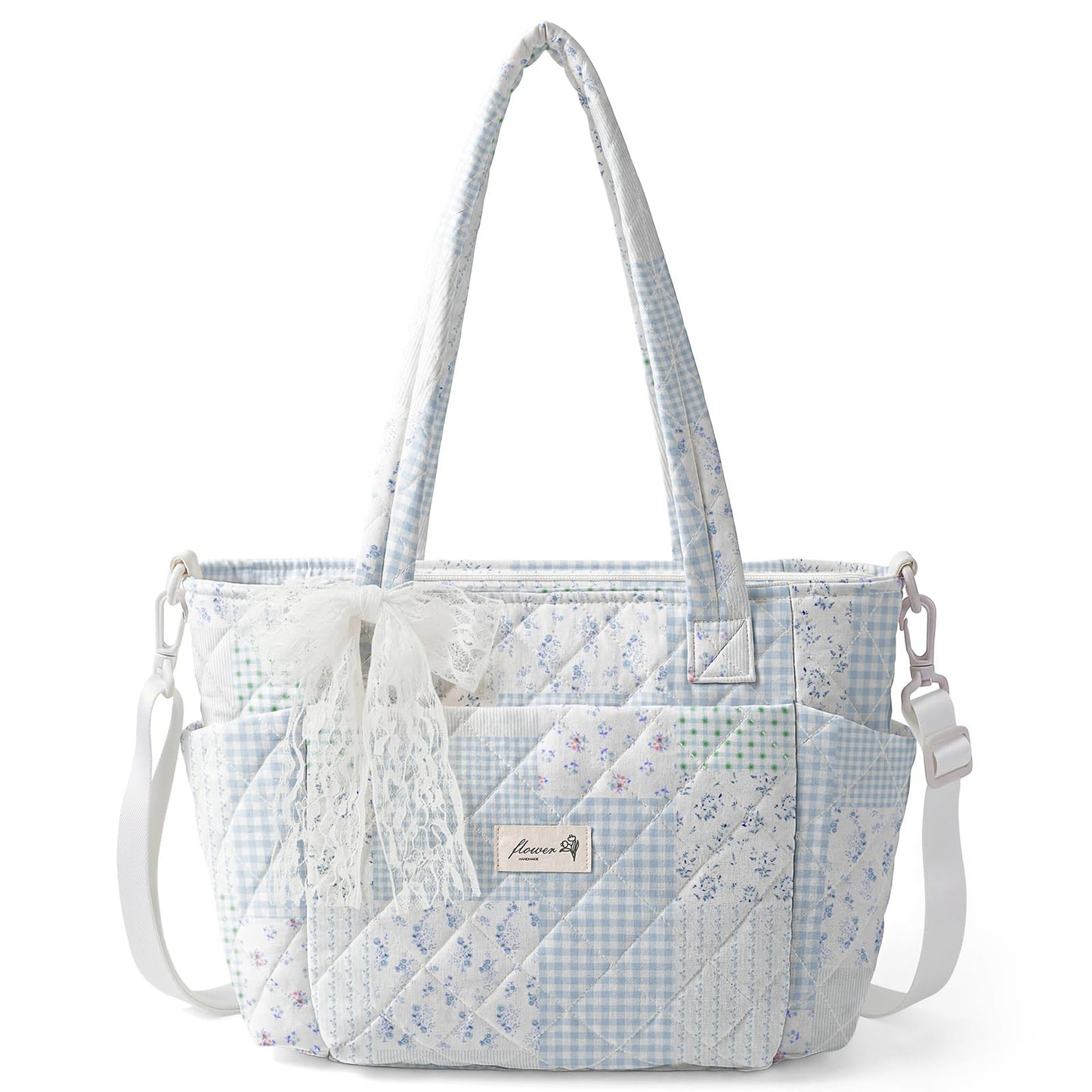 WOBAGMEN Quilted Lunch Box for Women,Insulated Lunch Tote Bag for Women for Work, Coquette Large Capacity Lunch Tote with Shoulder Straps, Elegant Lunch Purse for Office, Travel, Daily Use,Green Blue