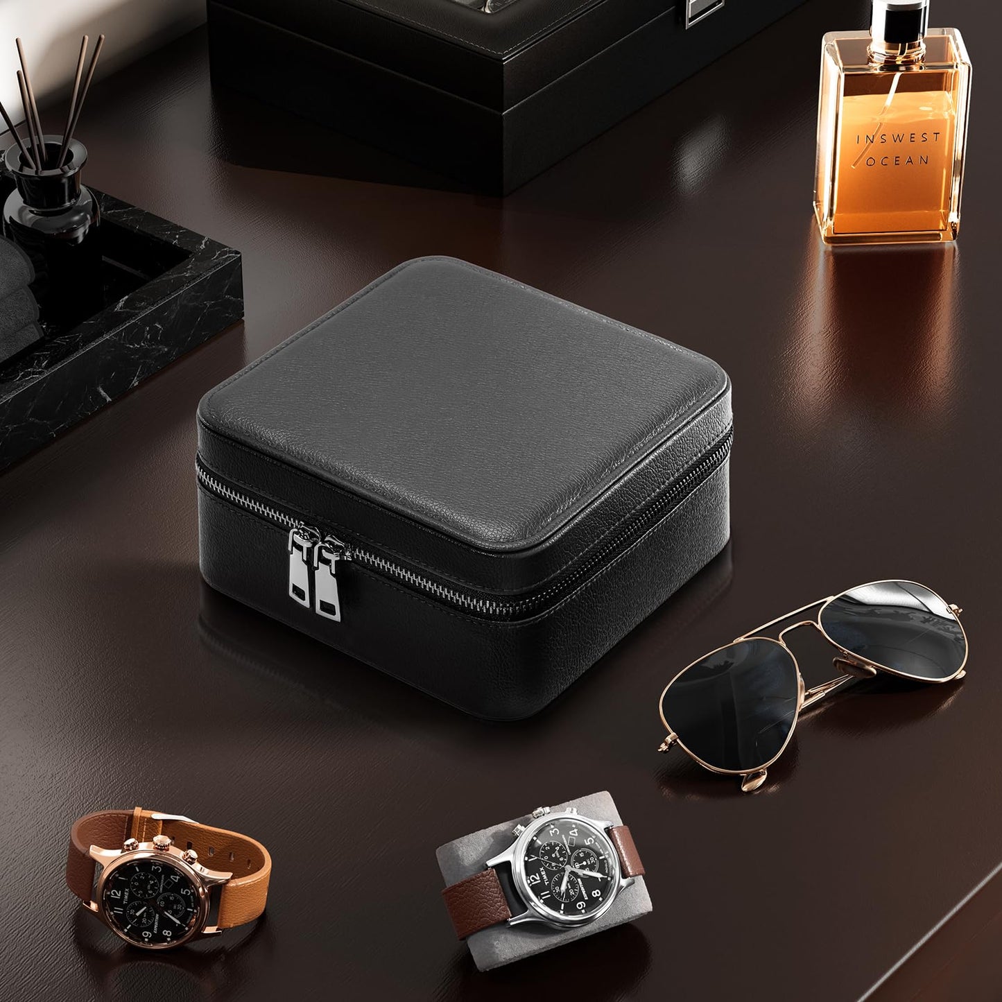 ProCase Travel Watch Case, 3 Slots PU Leather Mens Jewelry Box, Portable Watches Cufflinks Accessories Storage Case, Zippered Carrying Organizer Bag for Man, Valentine's Day Gift -Black