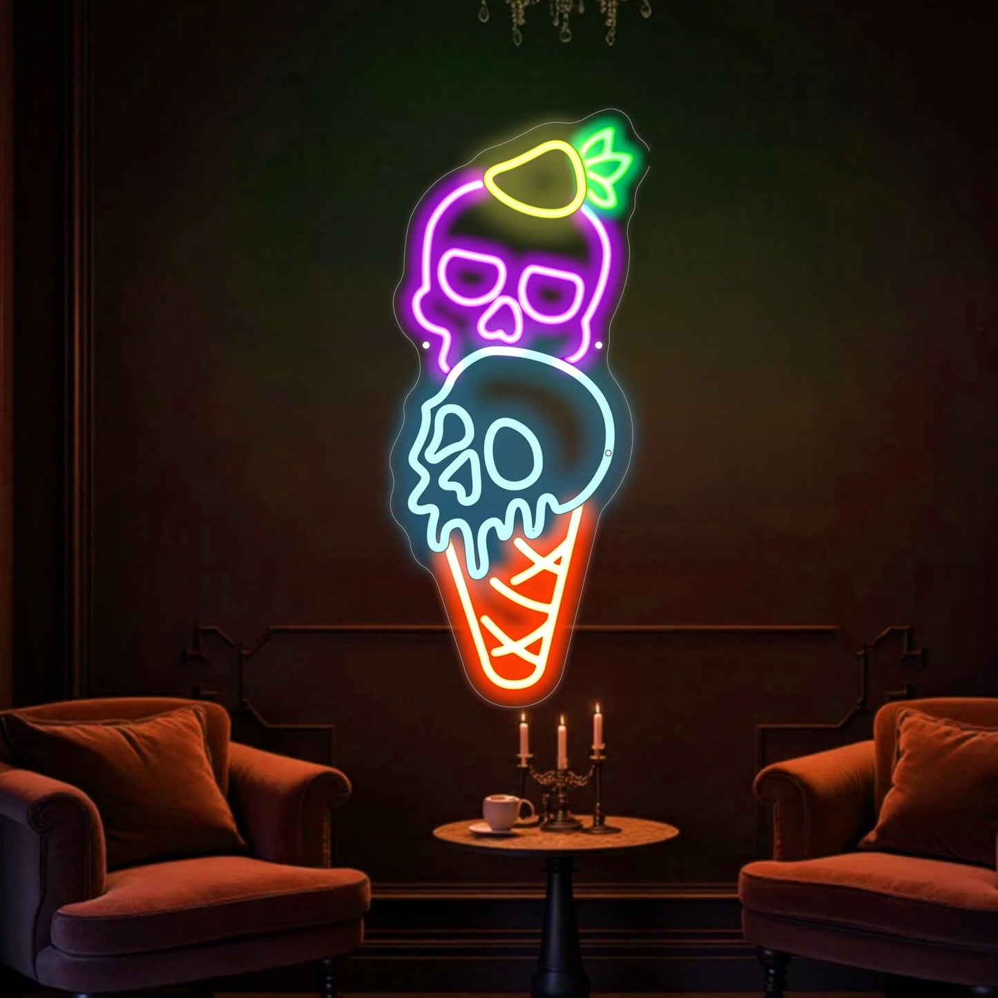 Ice Cream Skull Neon Sign, Quirky Gothic LED Wall Art,Skull Neon Light Ice Cream Neon Lighht Valentines Day Gifts Playful romance decor, Valentine's gift idea, Valentine's Day Gift for we