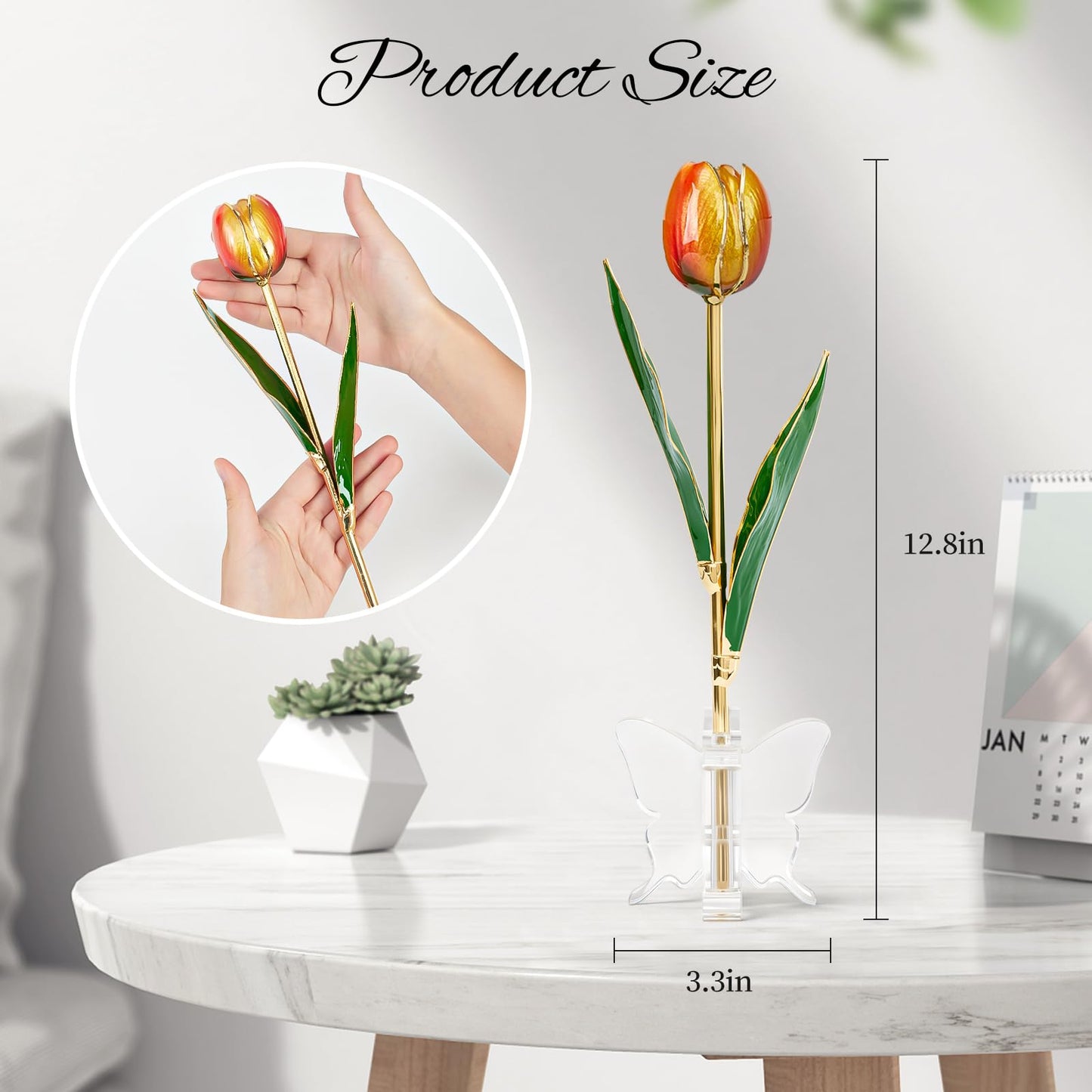Mikasol 24K Gold Dipped Real Tulip – Amber Glow, Warm Forever Flower with Book-Style Gift Box & Butterfly Stand, Perfect for Her, Wife, Mom, Birthday, Anniversary